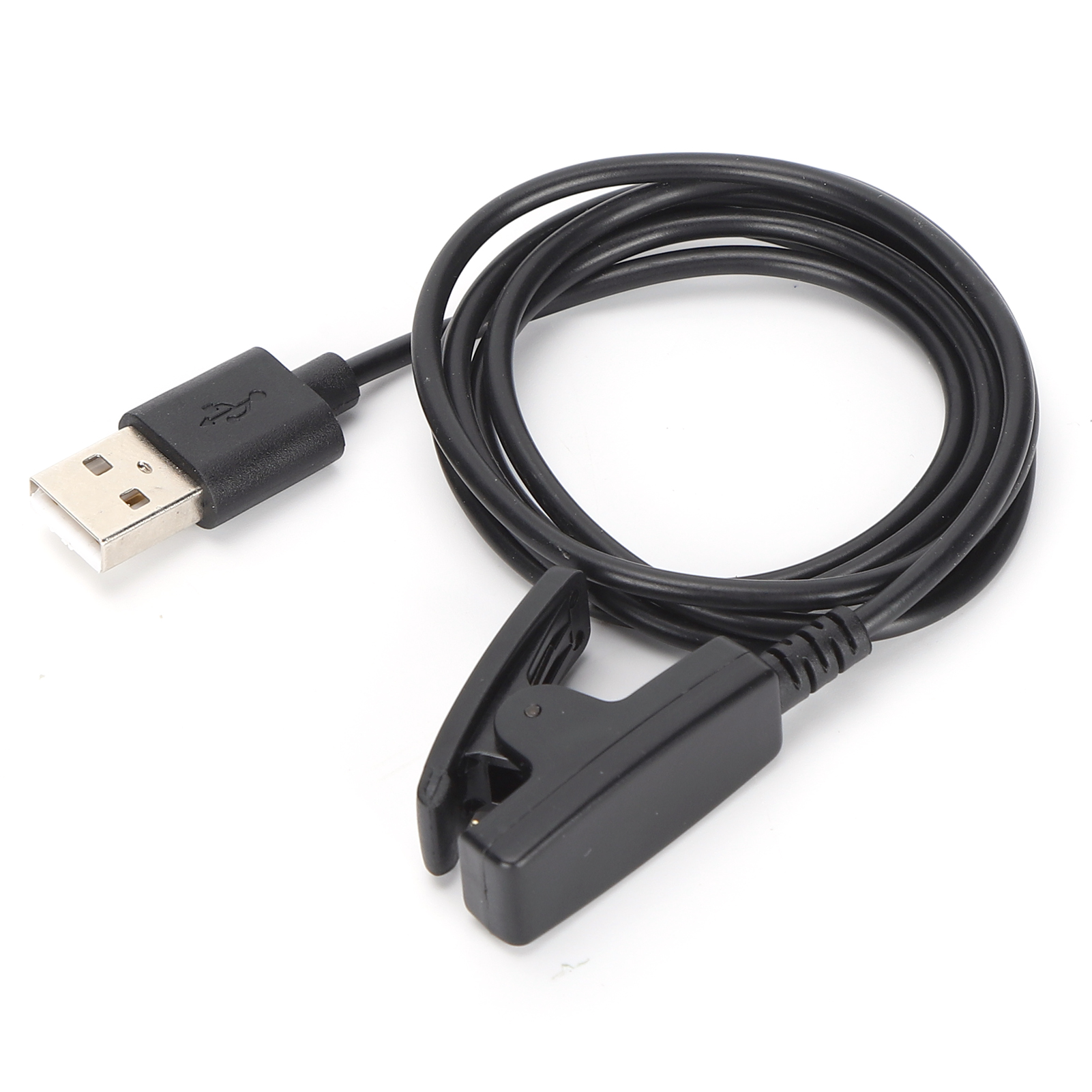Ein schwarzes Ladekabel mit USB-Anschluss und einer Clip-Ladehalterung auf weißem Hintergrund.