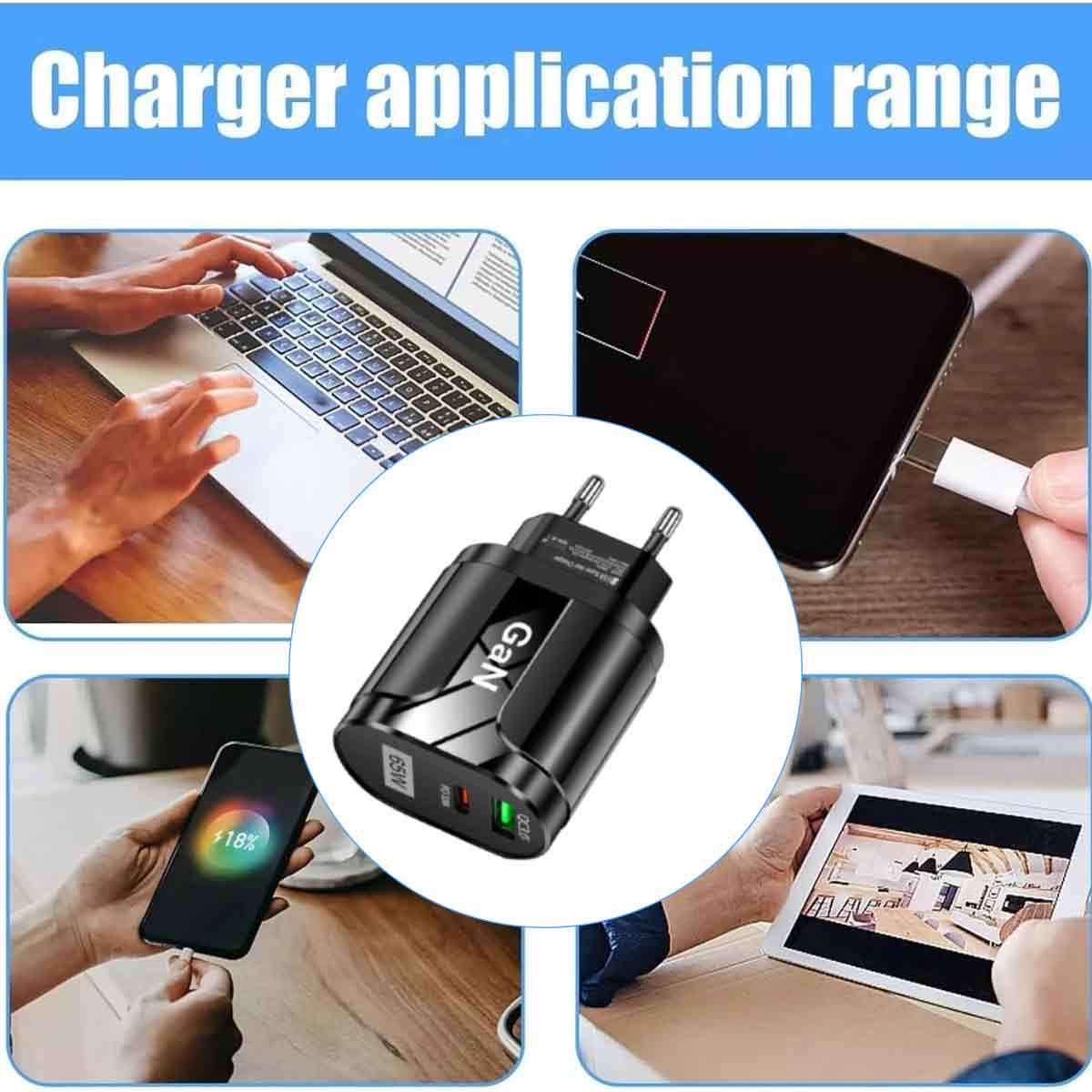 Ein schwarzes GaN-Ladegerät mit mehreren USB-Anschlüssen, umgeben von Bildern, die es an einem Laptop und Telefon zeigen.