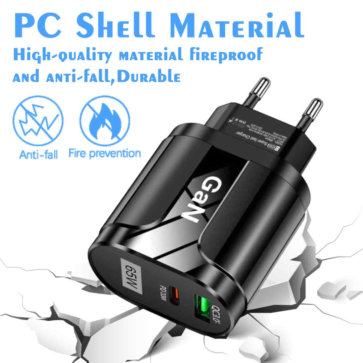Ein schwarzes 65W GaN-Schnellladegerät mit USB-Anschlüssen vor weißem, rissigem Hintergrund.