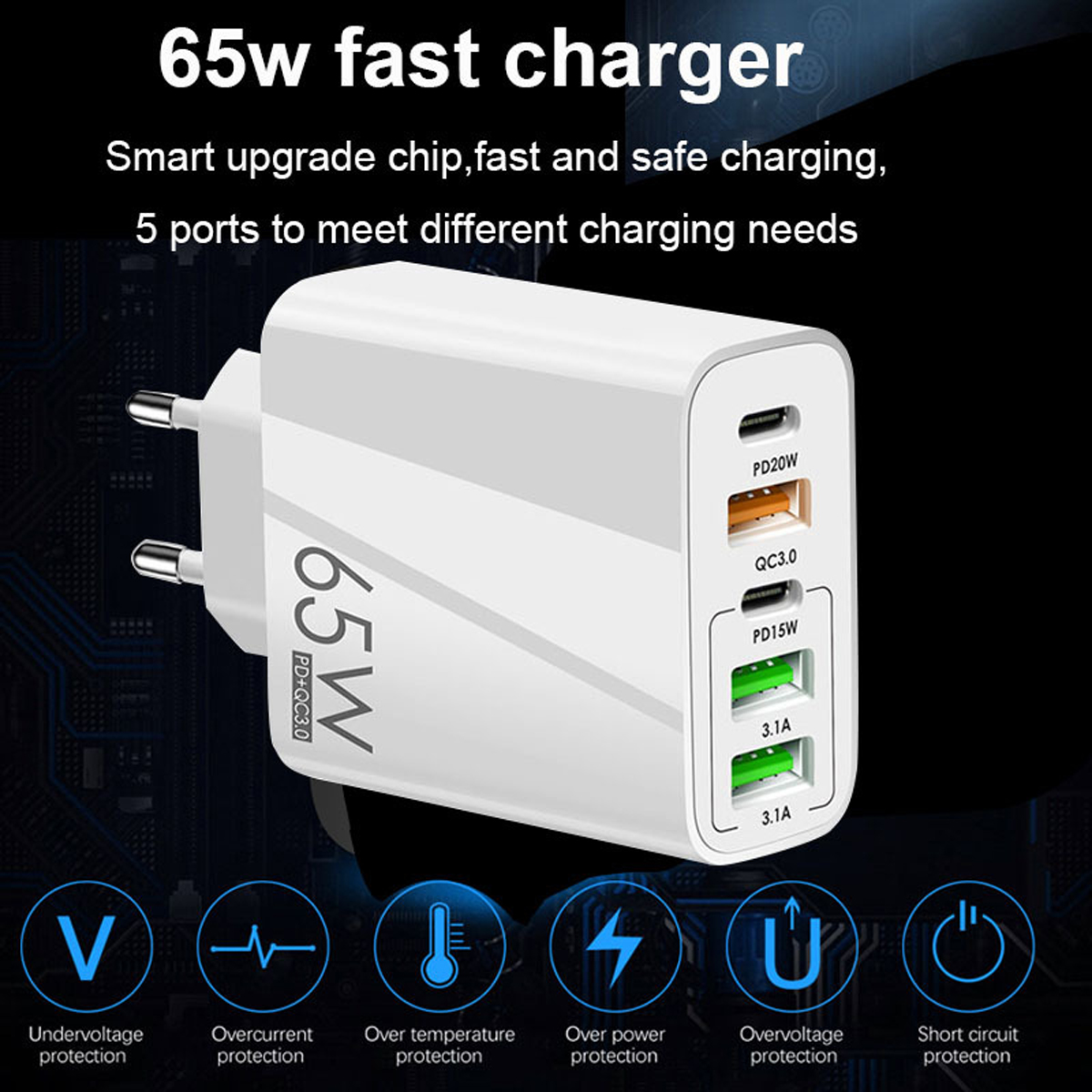 Ein weißes 65W USB-Schnellladegerät mit fünf Anschlüssen und Schutzfunktionen.
