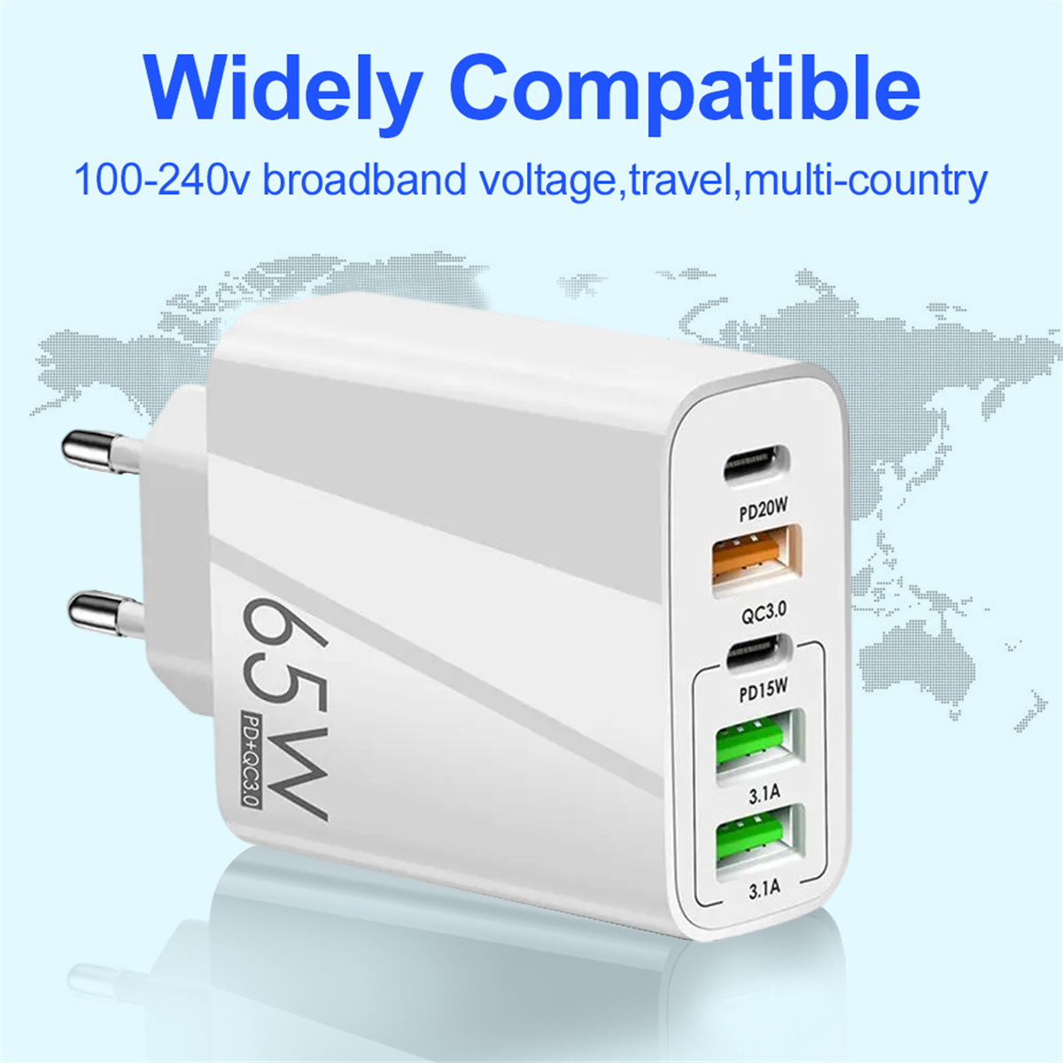 Ein weißes 65W Mehrfach-Ladegerät mit USB-C- und USB-A-Anschlüssen vor einer Weltkarte.