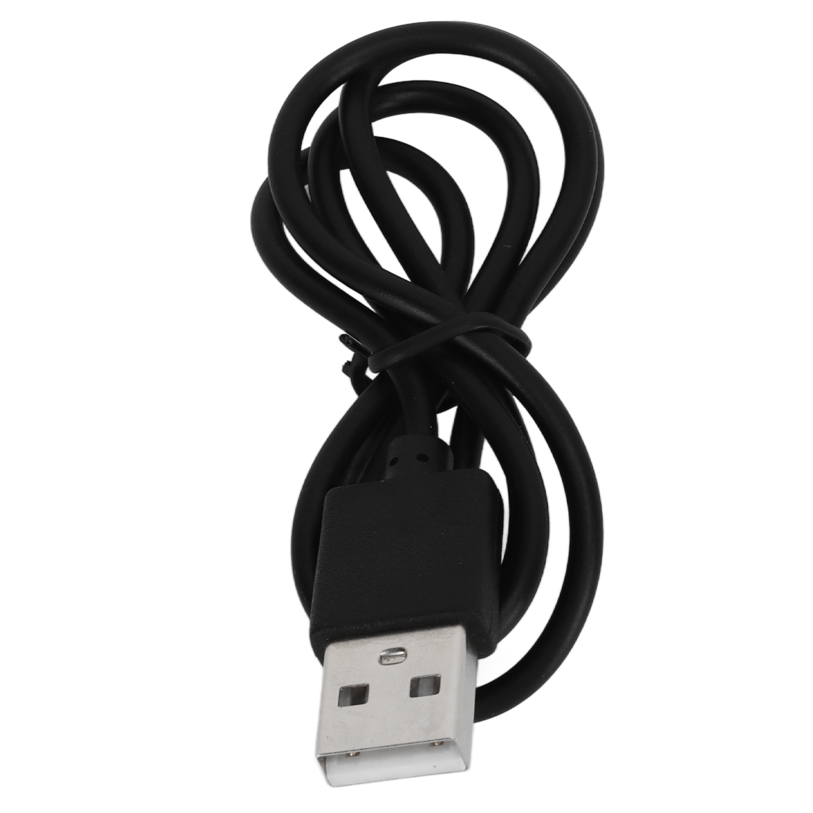 Ein aufgerolltes schwarzes USB-Kabel mit Metallstecker auf weißem Hintergrund.