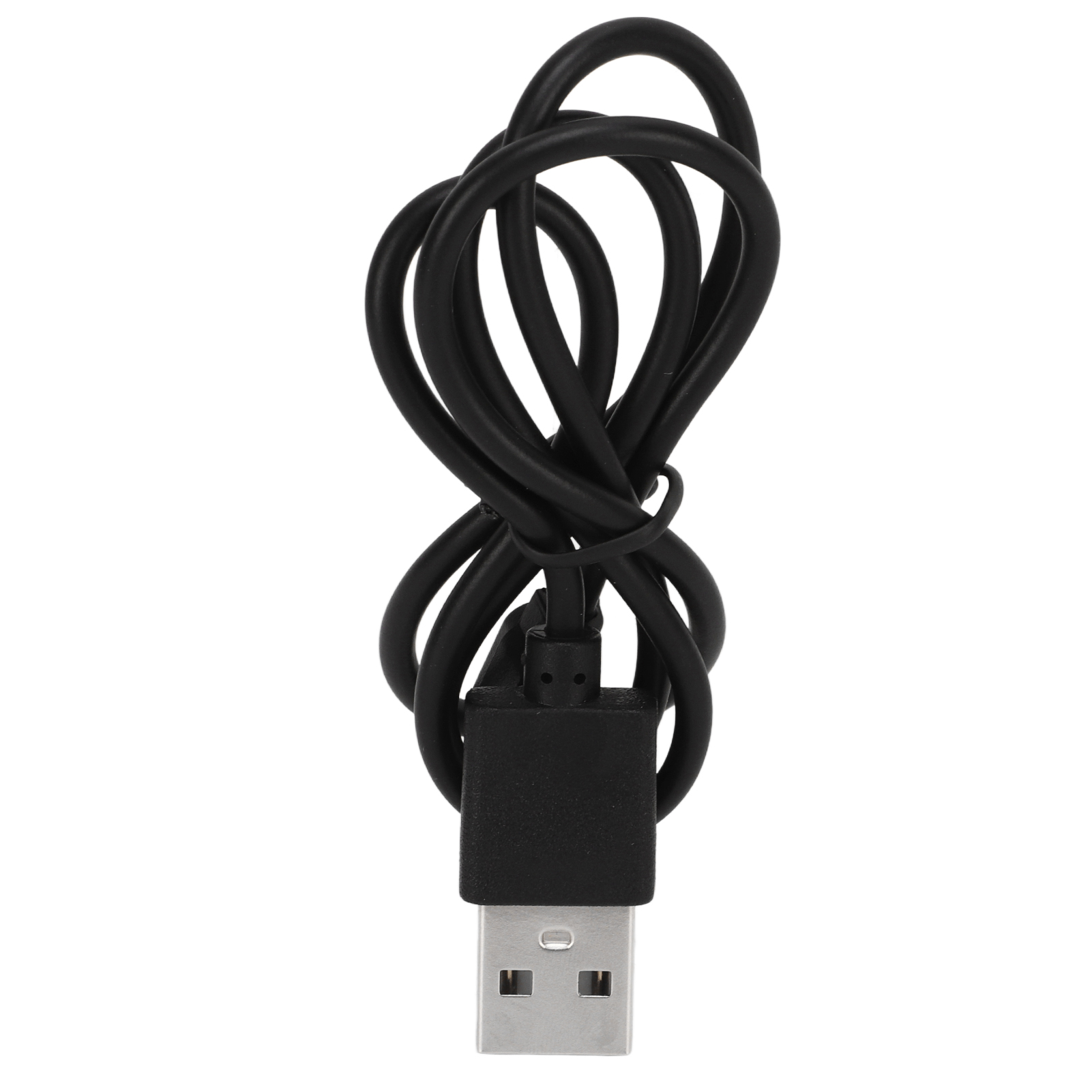 Ein aufgerolltes schwarzes USB-Kabel mit silbernem USB-A-Stecker vor weißem Hintergrund.
