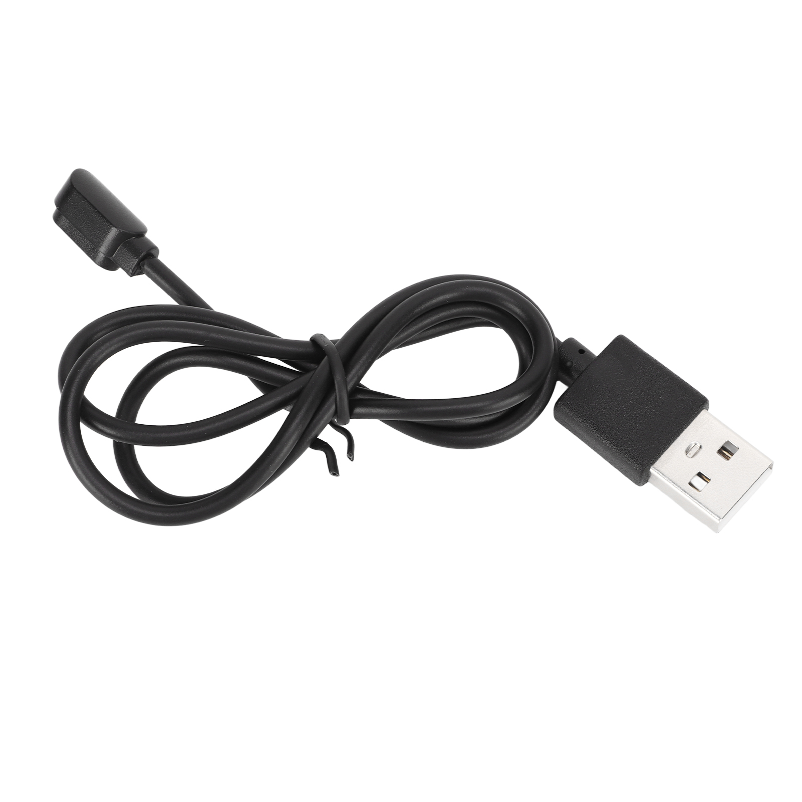 Ein schwarzes Ladekabel mit einem Standard-USB-A-Anschluss auf einer Seite und einem proprietären Magnetanschluss.