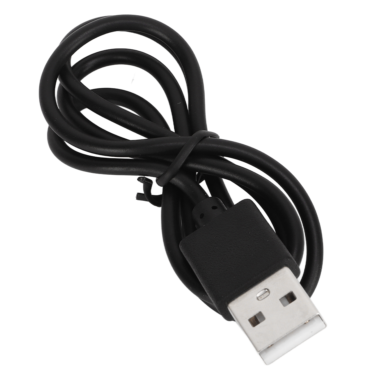 Ein aufgerolltes schwarzes USB-Kabel mit einem silbernen Anschluss auf weißem Hintergrund.