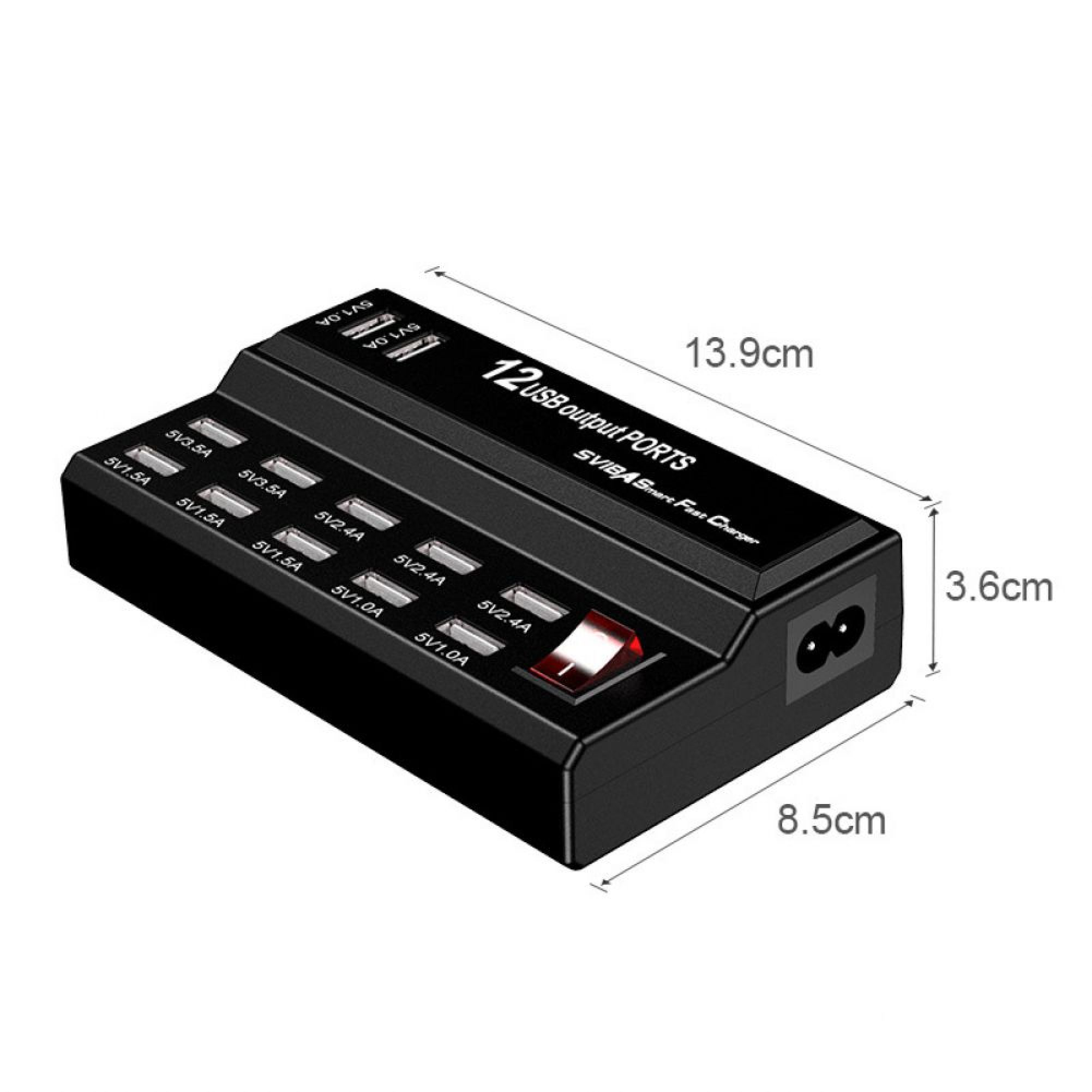 Schwarzes 12-Port USB-Ladegerät mit Maßen und rotem Schalter auf weißem Grund.