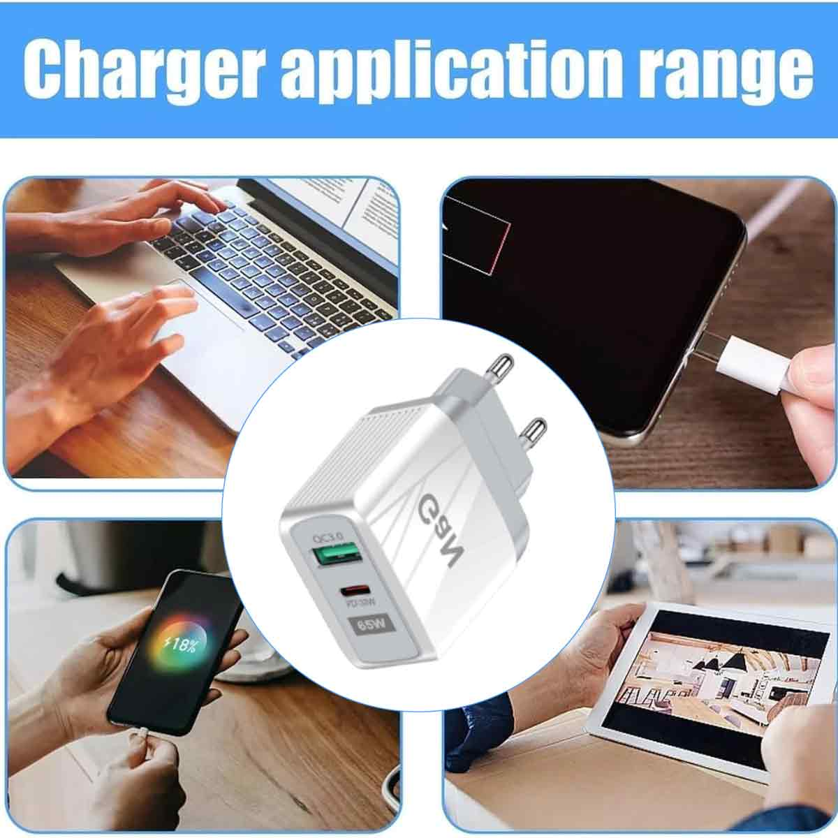 Ein weißes 65W USB-Ladegerät im Zentrum, umgeben von Bildern, wie es Laptops, Smartphones und Tablets auflädt.