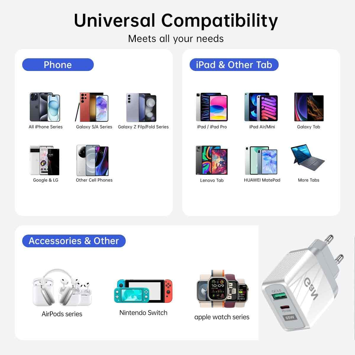 Universal-Kompatibilitätstabelle für Telefone, Tablets, AirPods, Nintendo Switch und Apple Watch mit Wandladegerät.