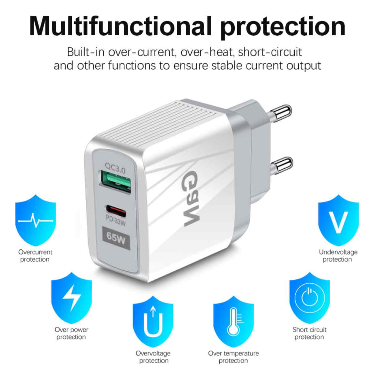 Ein weißer USB-Ladegerät mit mehreren Anschlüssen, umgeben von Schutzsymbolen.