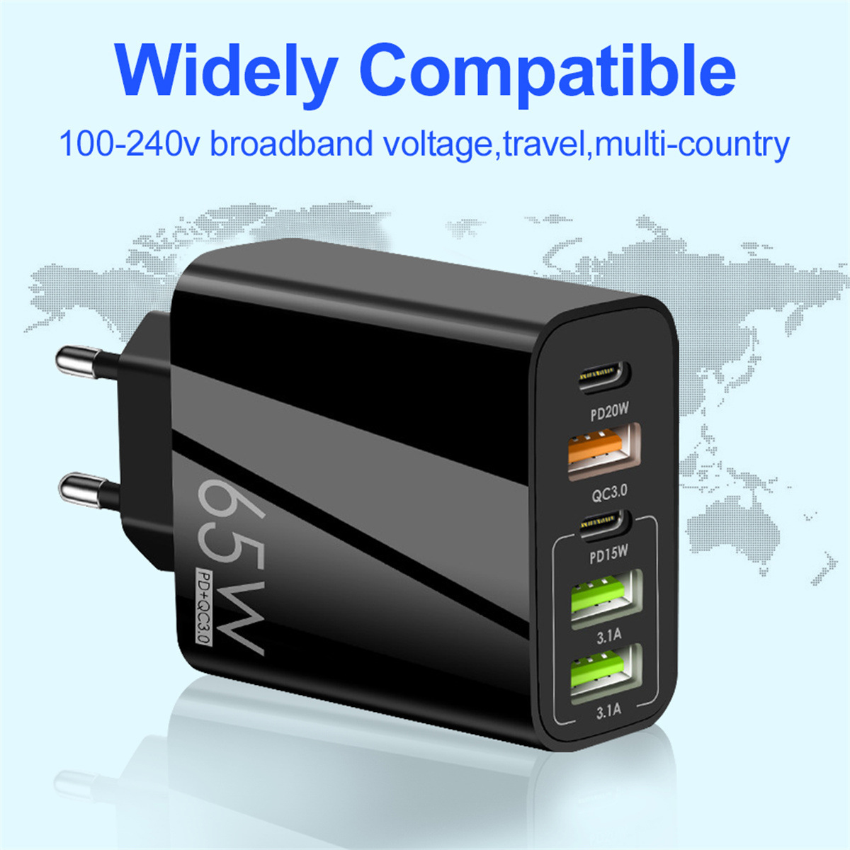 Schwarzes 65W USB-Netzteil mit vier Ports vor einer Weltkarte und Text.
