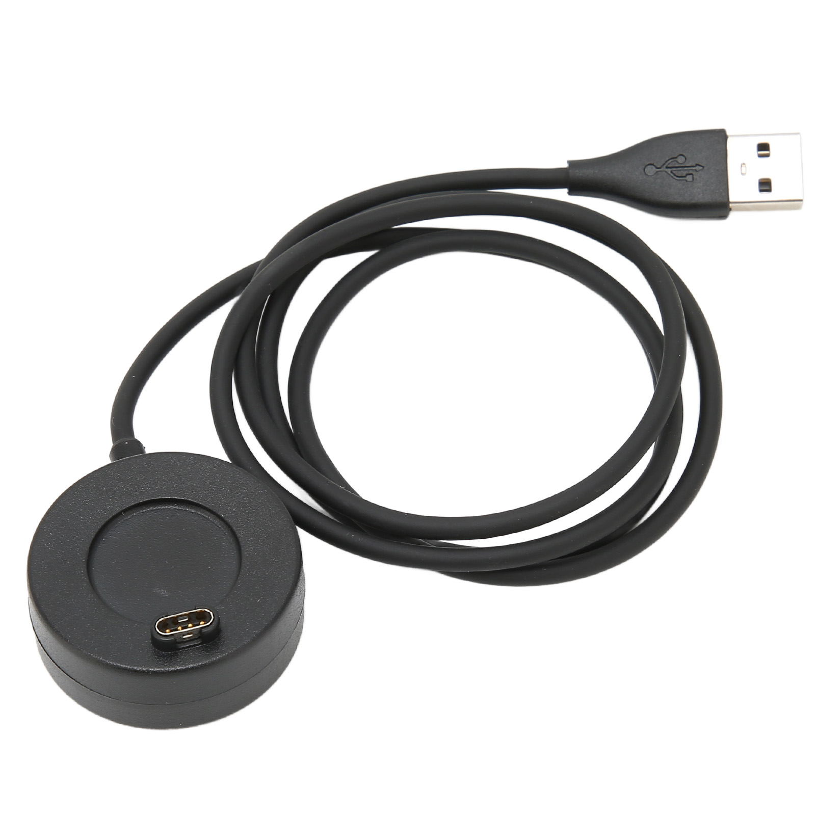Ein schwarzes Ladekabel mit einer runden Ladestation und einem USB-Anschluss auf weißem Hintergrund.
