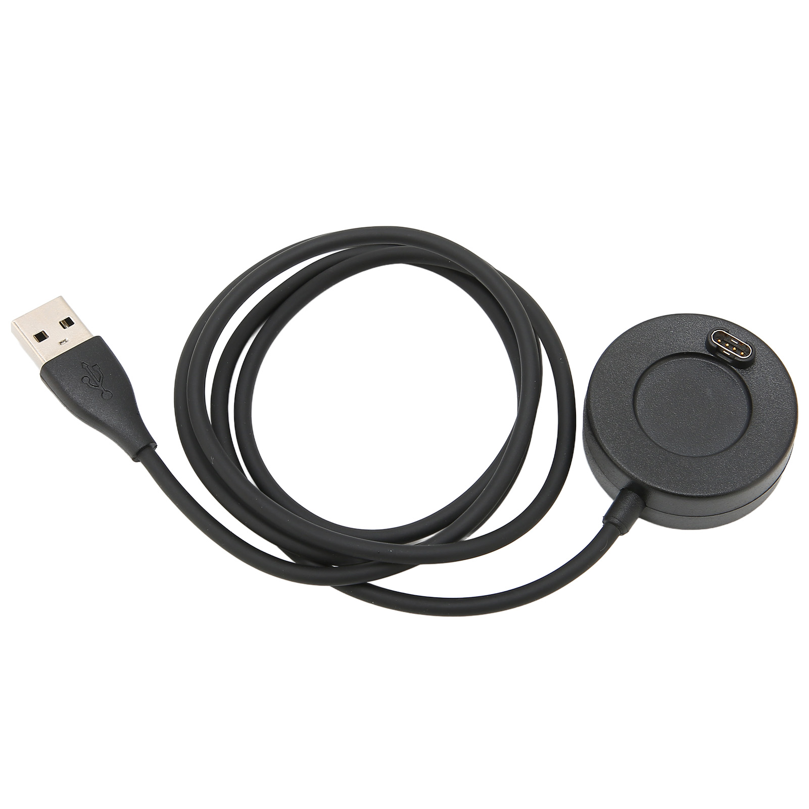 Ein schwarzes USB-Kabel mit einer USB-A-Standardverbindung auf der einen und einer runden magnetischen Ladebasis auf der anderen.