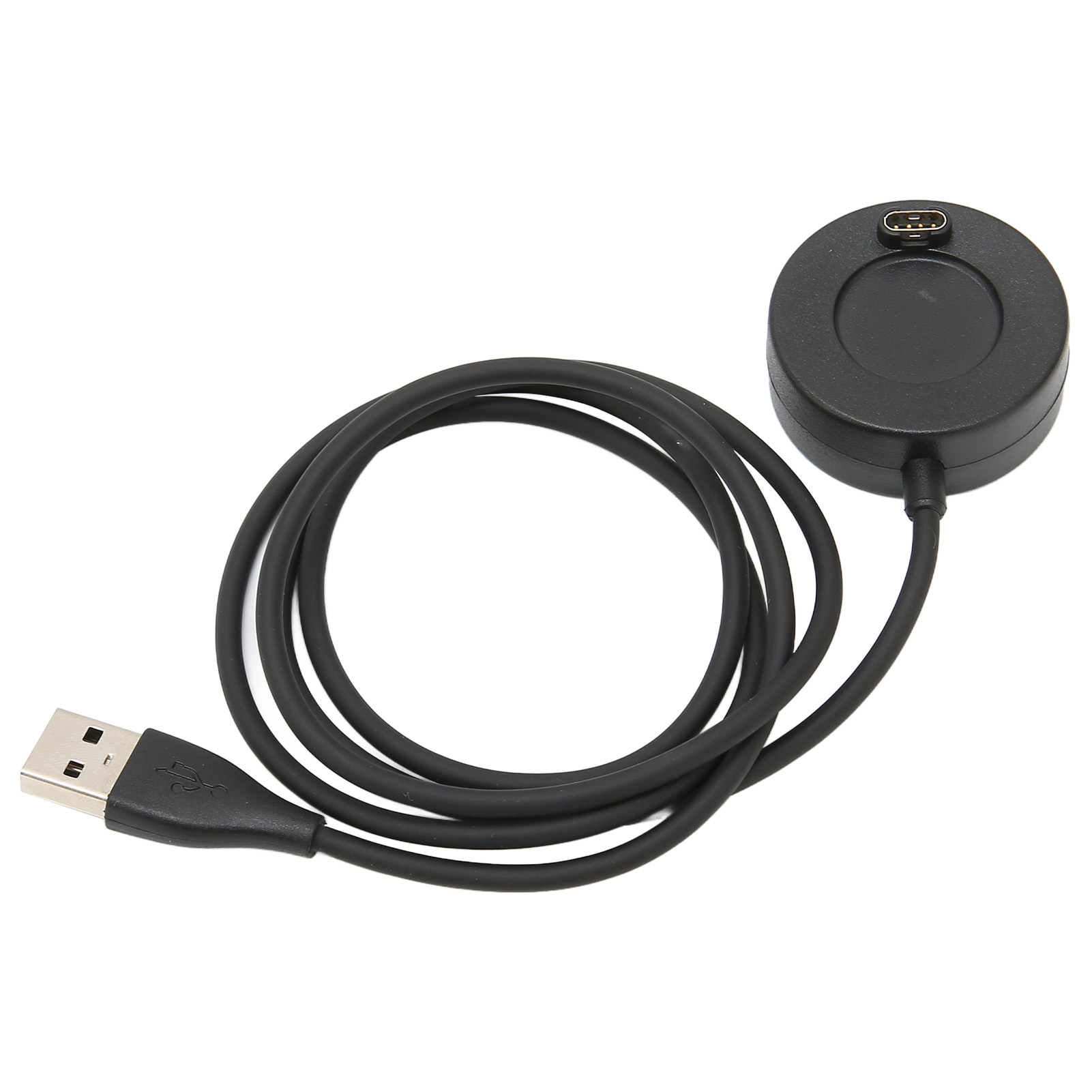 Ein schwarzes Smartwatch-Ladekabel mit USB-Anschluss und magnetischer Ladestation vor weißem Hintergrund.
