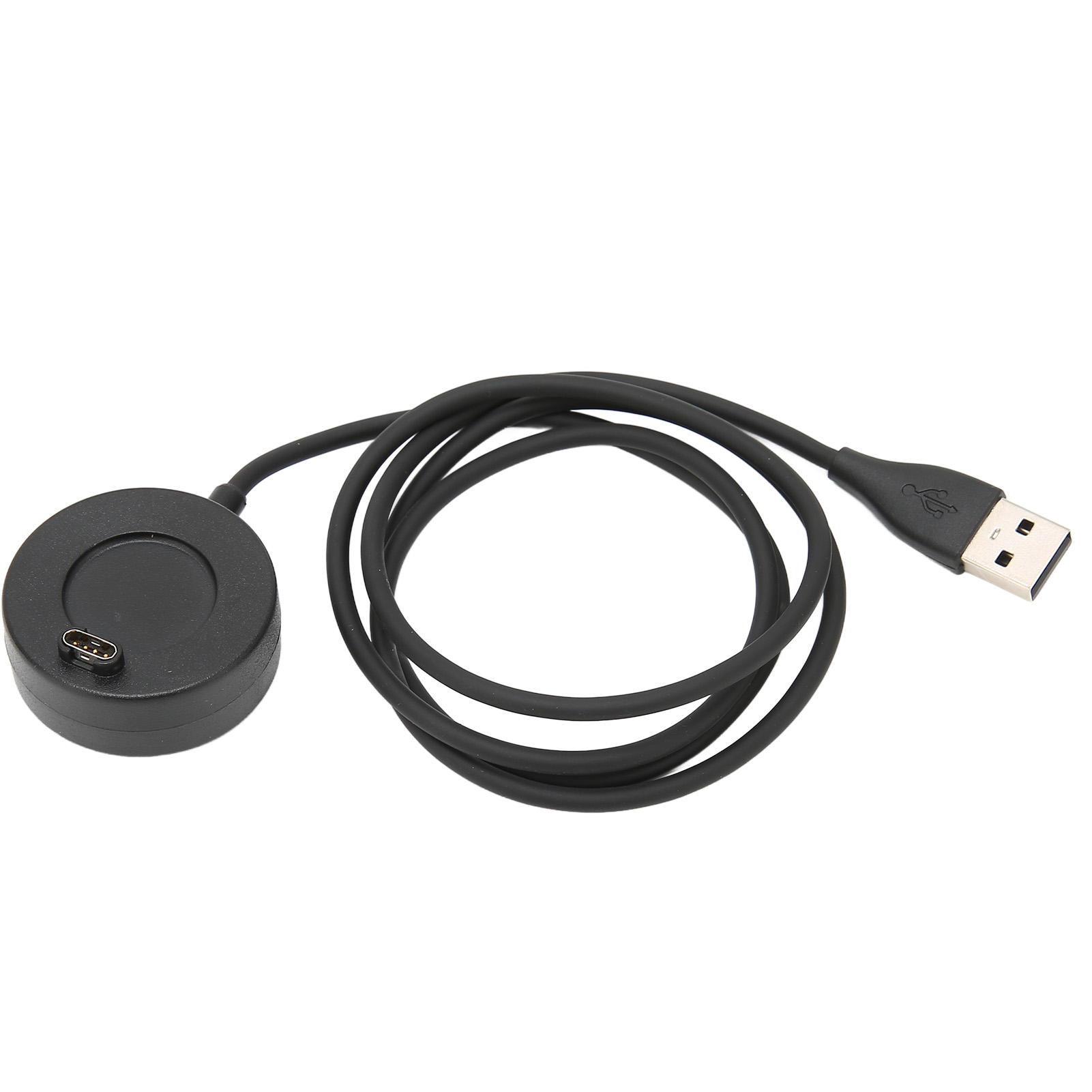 Ein schwarzes USB-Ladekabel mit rundem Magnetdock auf weißem Hintergrund.