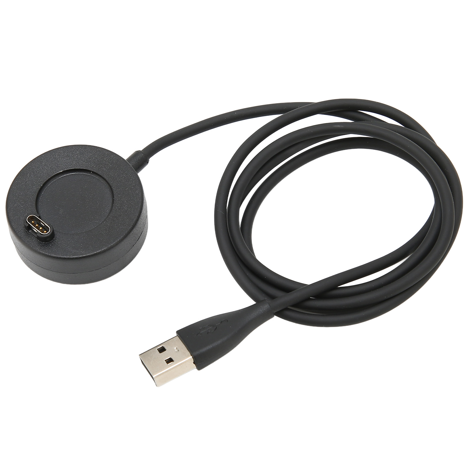 Ein schwarzes USB-Ladekabel mit runder Ladestation und Standard-USB-A-Stecker auf weißem Hintergrund.