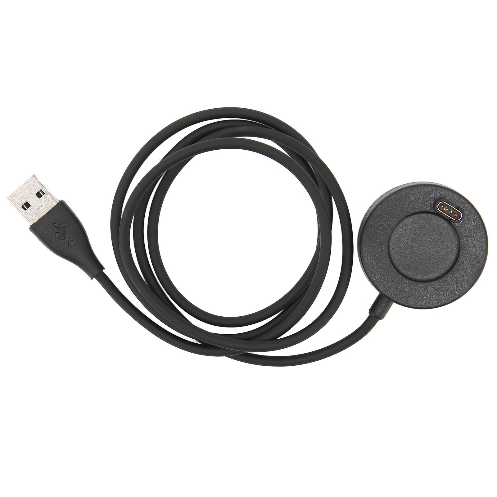 Ein schwarzes Smartwatch-Magnetladekabel mit USB-A-Anschluss auf weißem Hintergrund.