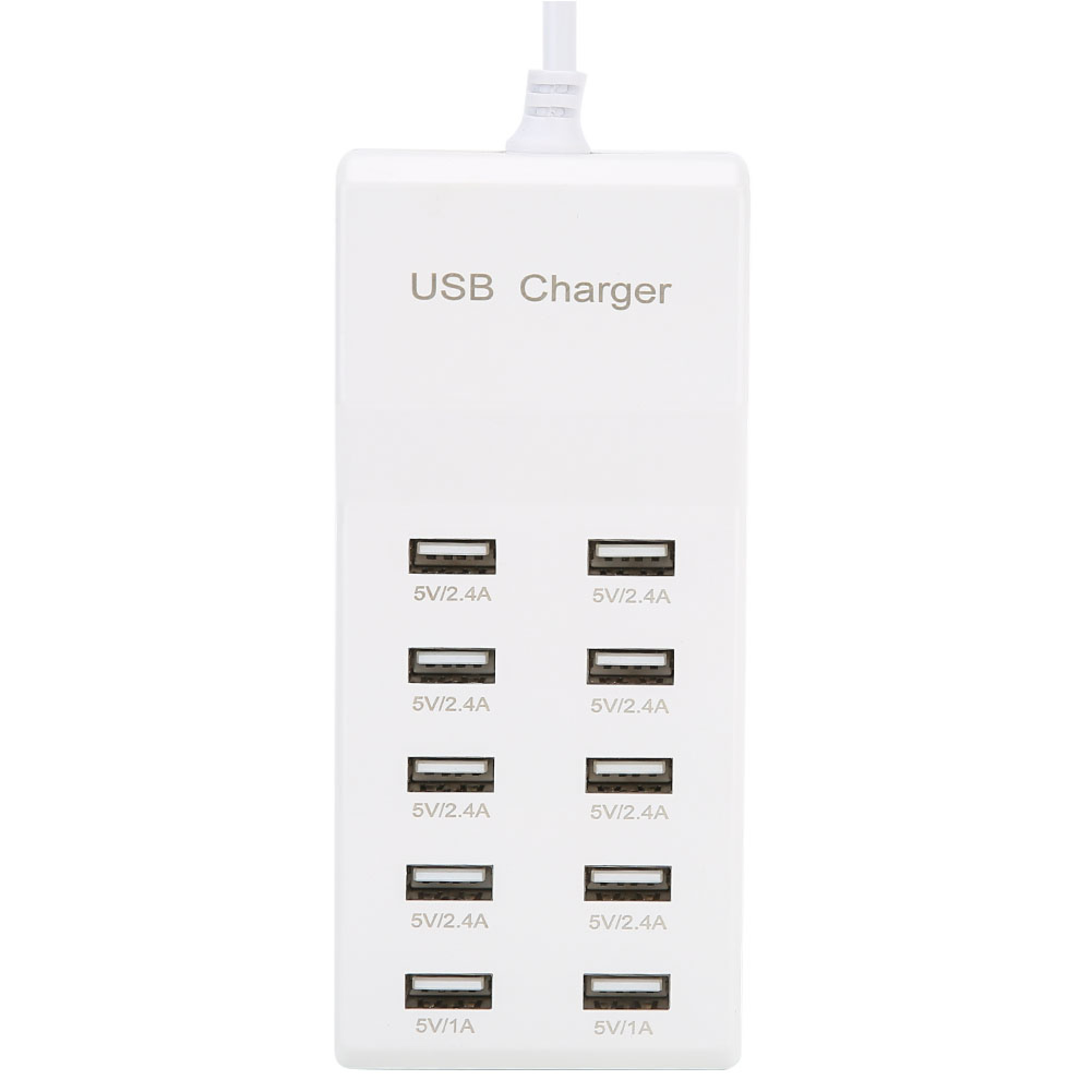 Ein weißer USB-Lader mit zehn Anschlüssen, darunter acht mit 5V/2.4A und zwei mit 5V/1A, und angeschlossenem Kabel.