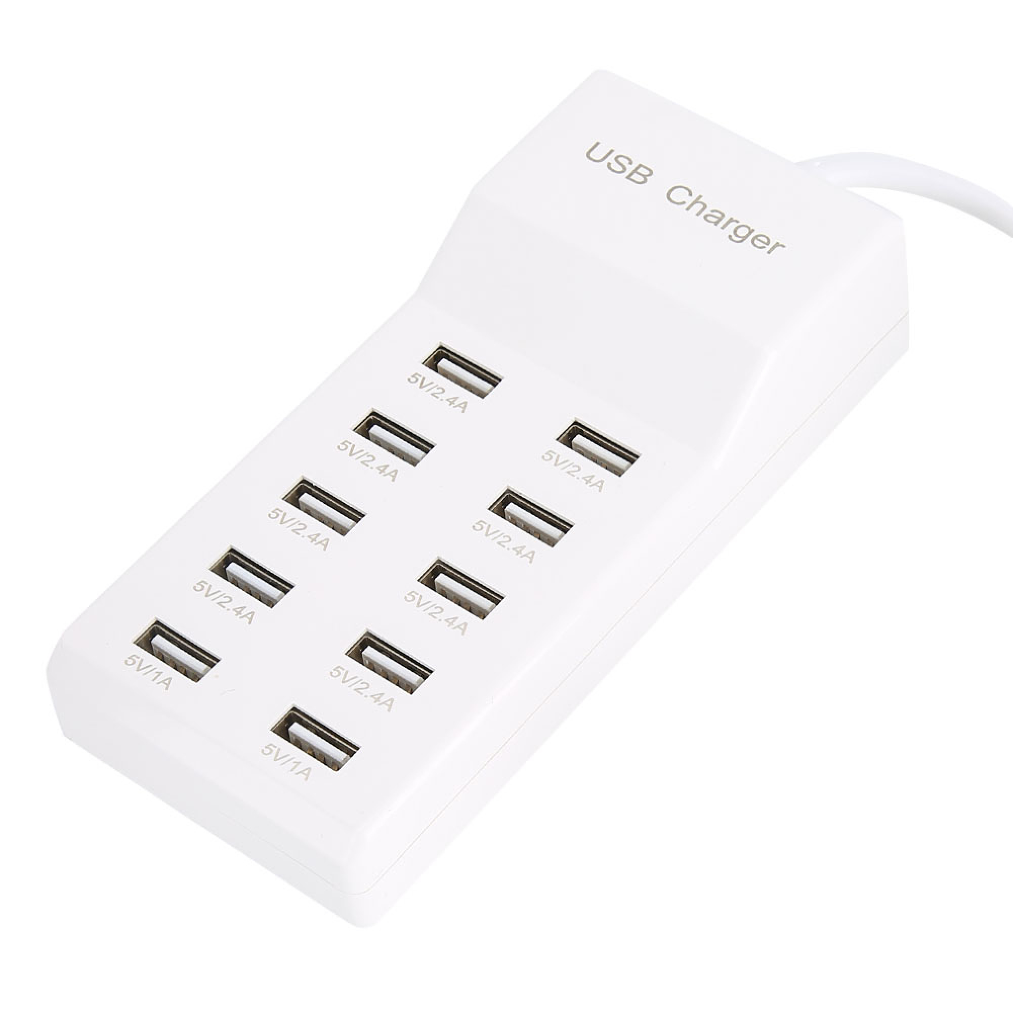 Ein weißes USB-Ladegerät mit zehn Anschlüssen und einem Stromkabel.