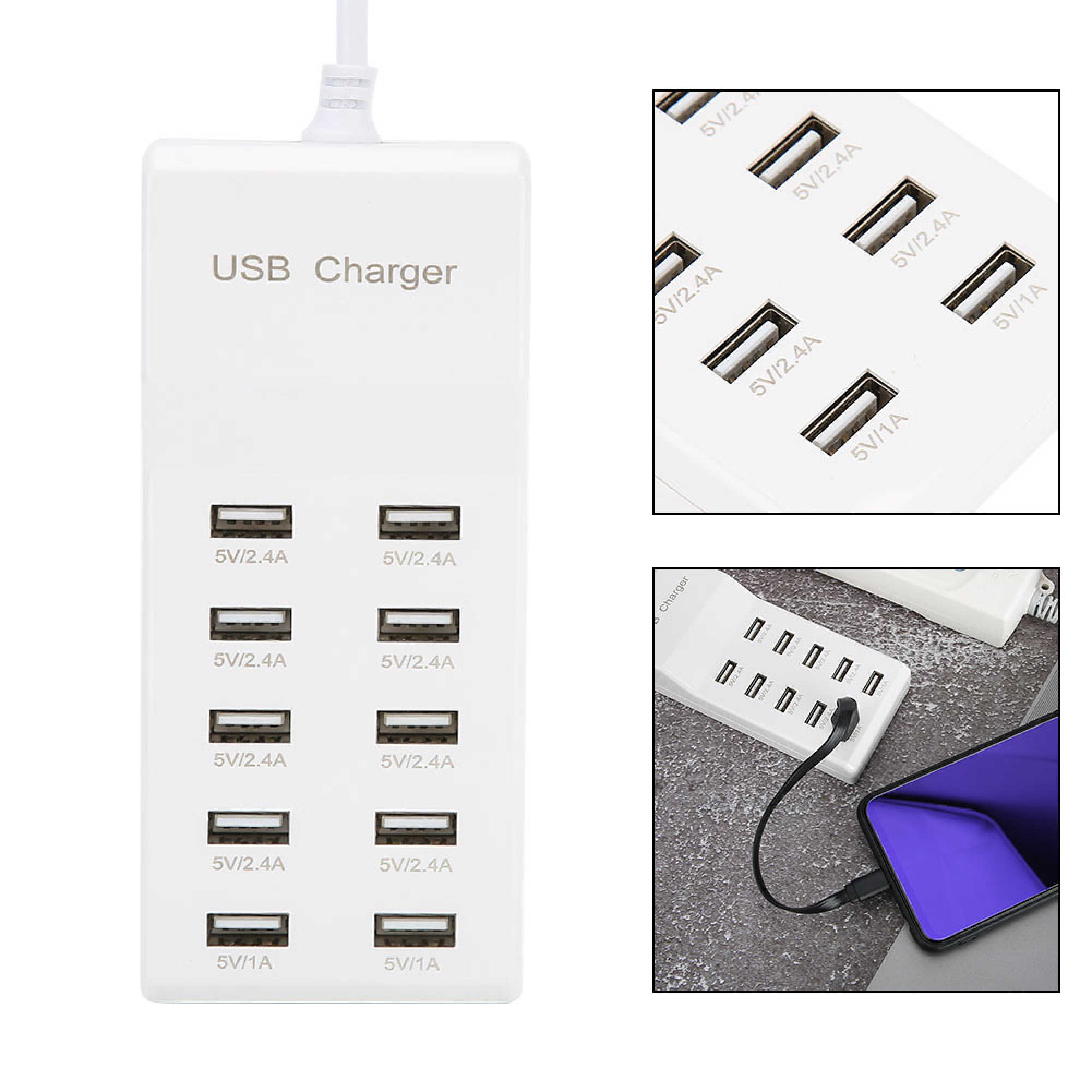 Ein weißes USB-Ladegerät mit zehn Anschlüssen, Ansichten im Detail und im Gebrauch mit einem Smartphone.