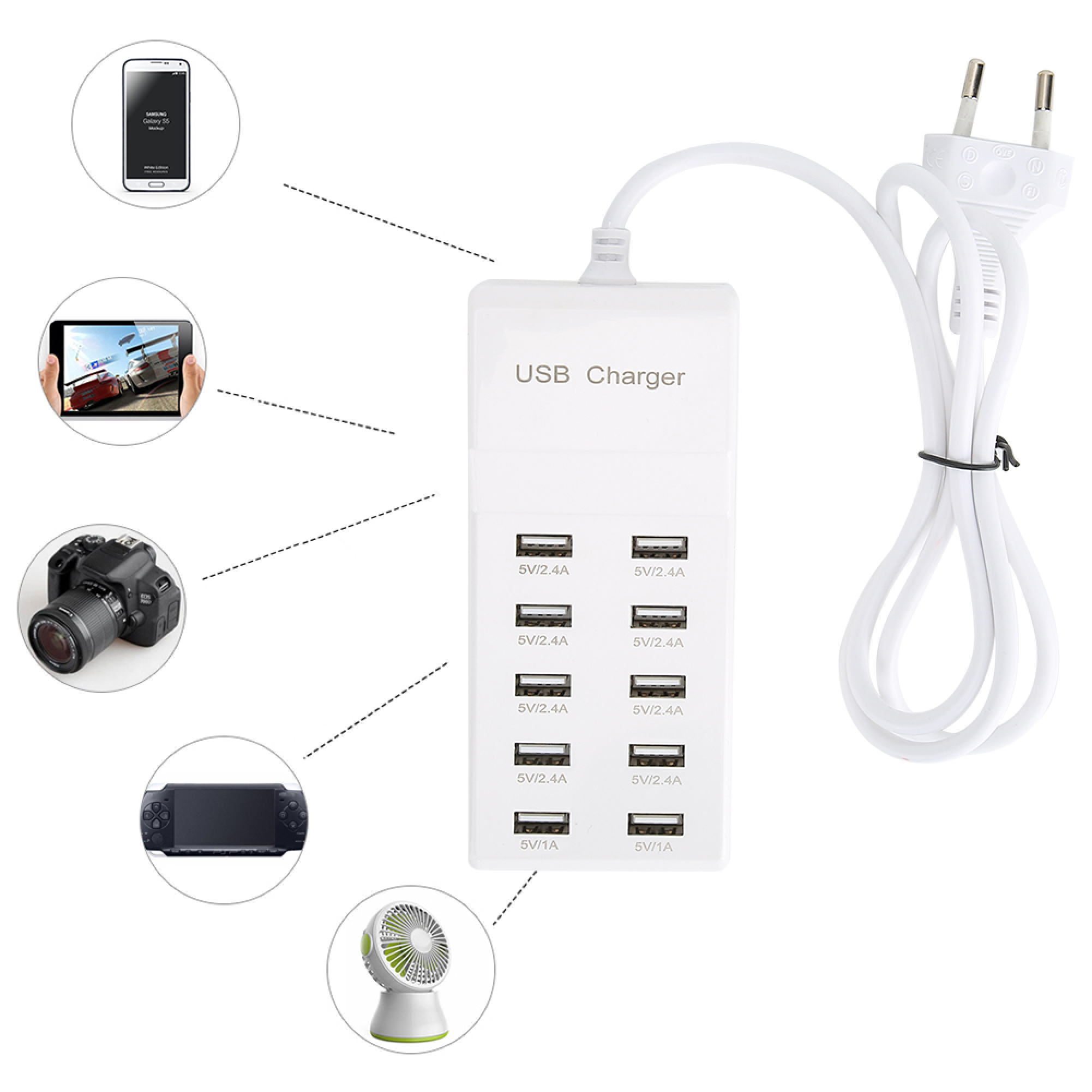 Ein weißes USB-Ladegerät mit zehn Ports und angeschlossenen Geräten in kleinen Kreisen.