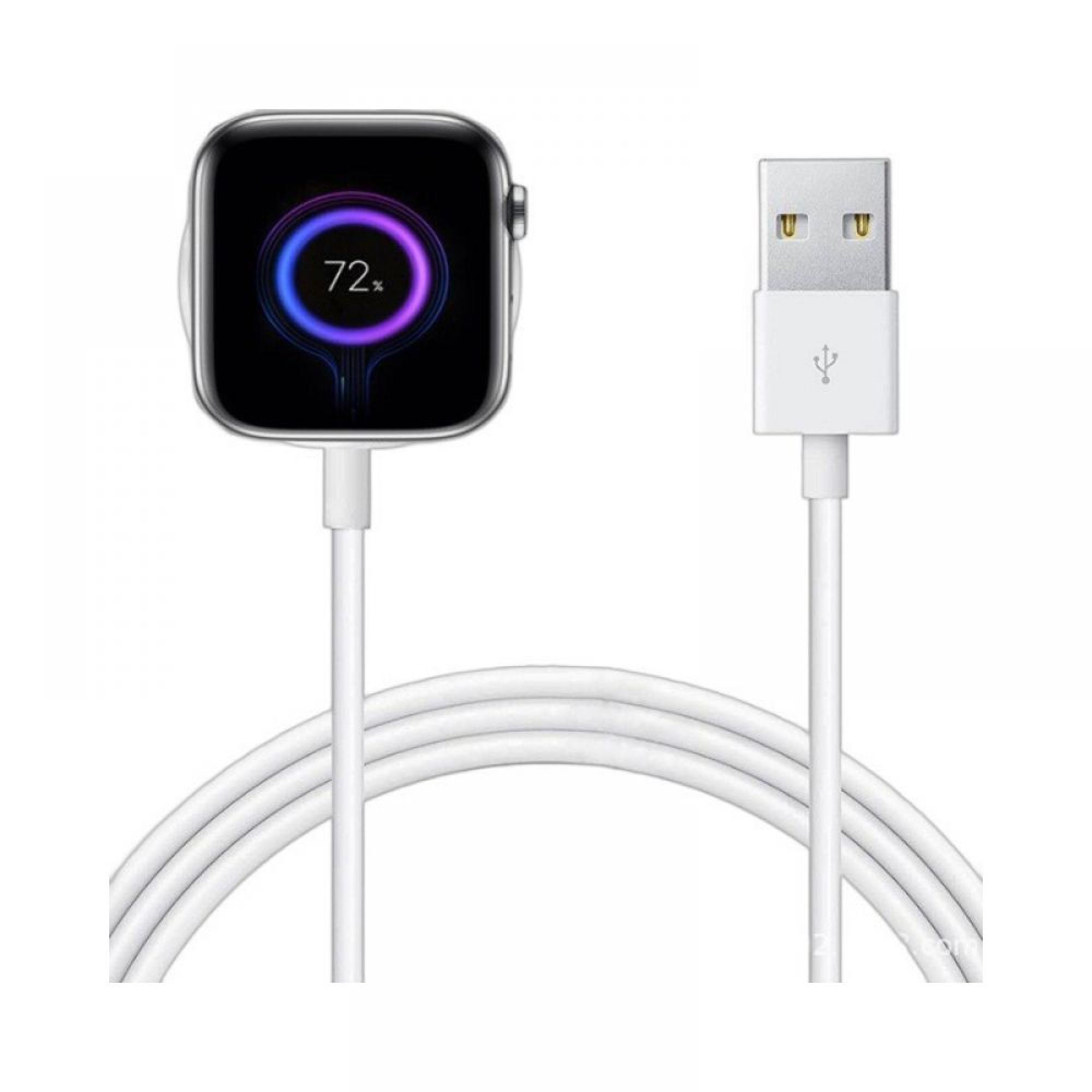 Eine Smartwatch an einem weißen USB-Ladekabel mit 72 Prozent Akkuladestand.