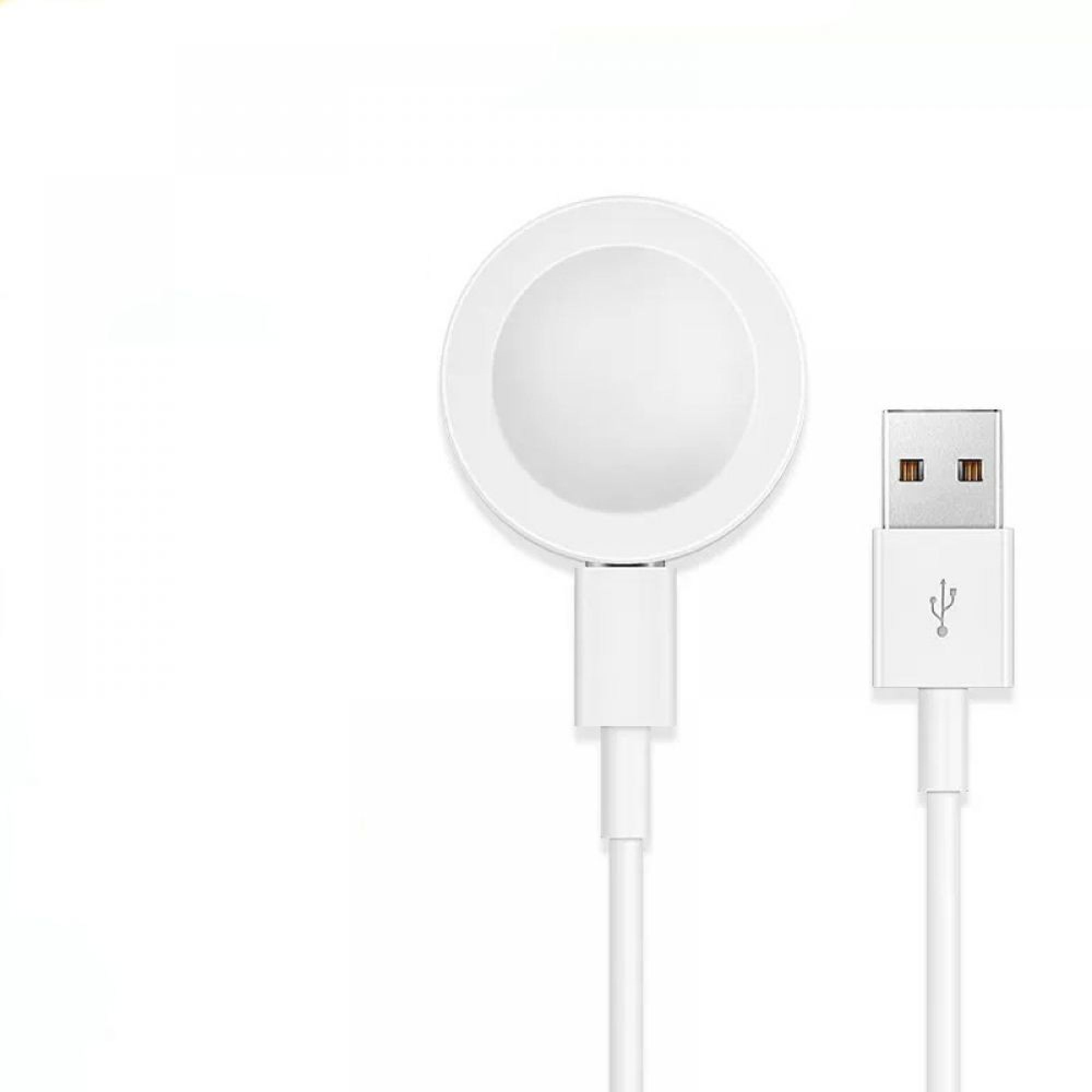 Ein weißes magnetisches Smartwatch-Ladekabel mit USB-Anschluss auf weißem Hintergrund.
