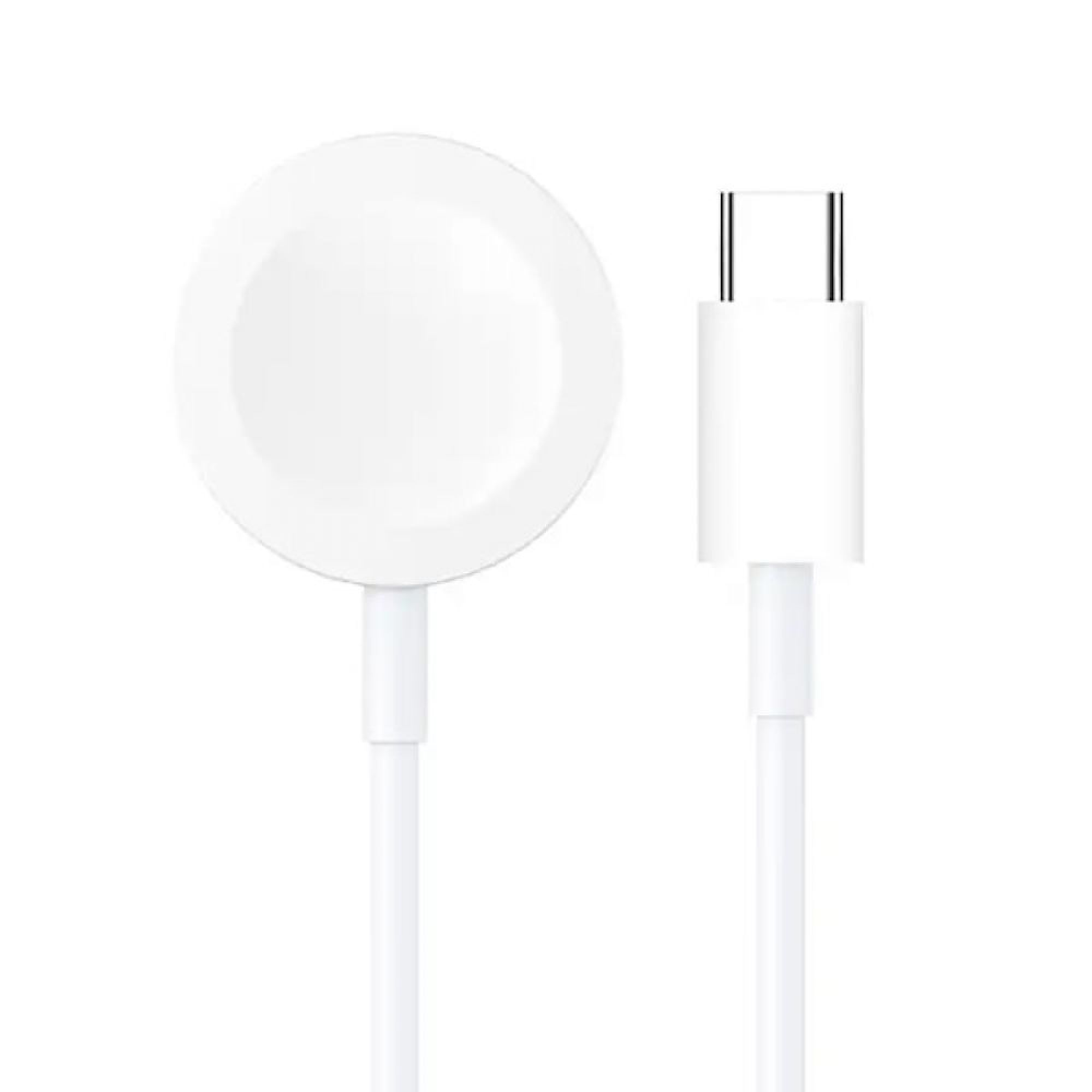 Weißes Smartwatch-Magnetladekabel mit USB-C-Anschluss vor weißem Hintergrund.