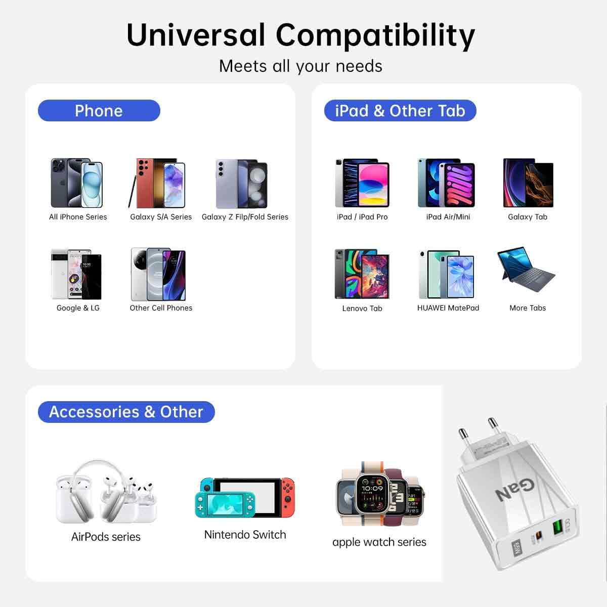 Universelle Kompatibilitätstabelle für Handys, Tablets, AirPods, Nintendo Switch und Smartwatches.