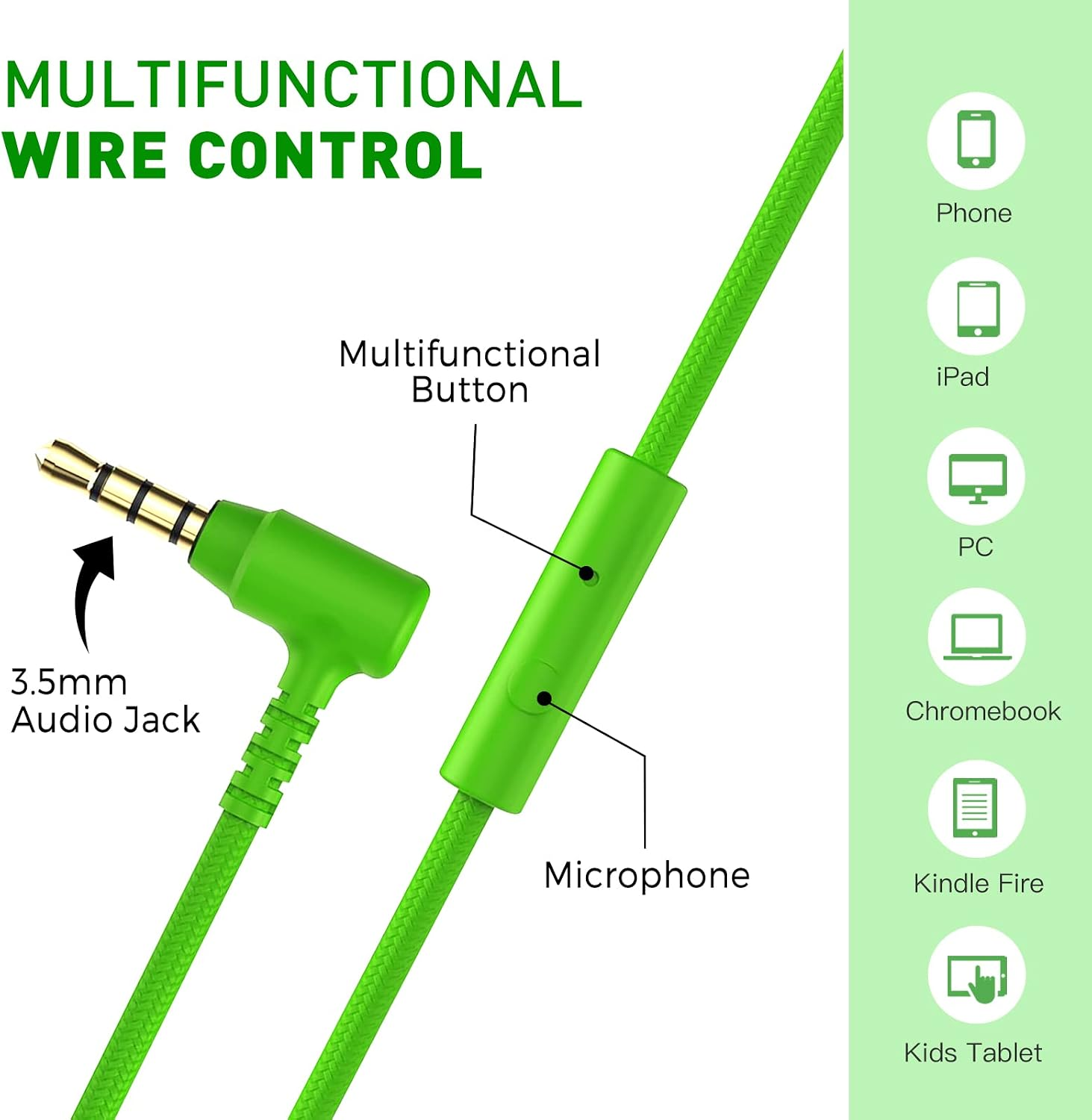 Grünes Audiokabel mit 3,5-mm-Klinke, Multifunktionstaste und Mikrofon, kompatibel mit diversen Geräten.