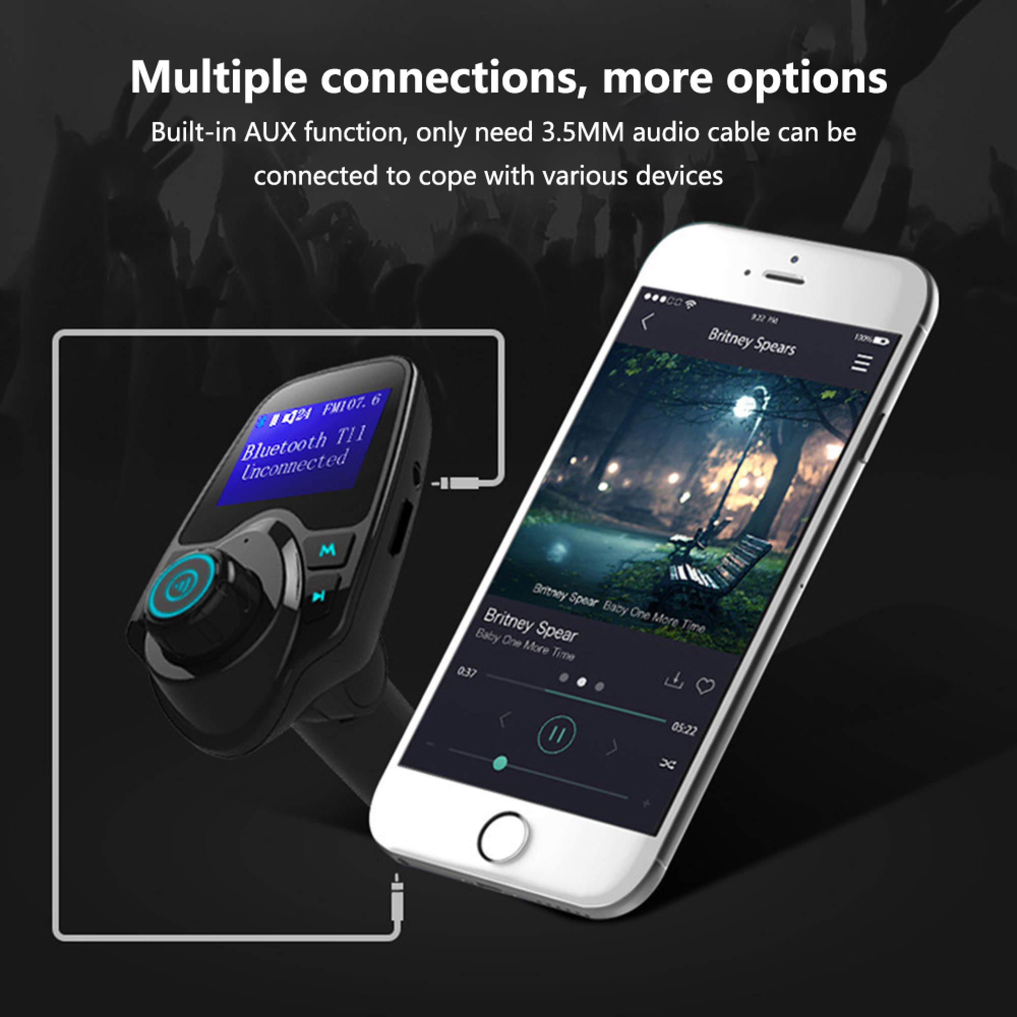Ein Bluetooth-FM-Sender ist mit einem Smartphone verbunden, das Musik abspielt, mit Text oben.