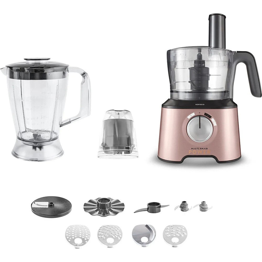 Pembe altın renkli mutfak robotu, blender haznesi, küçük aparat ve çeşitli bıçaklar beyaz arkaplanda sıralı.