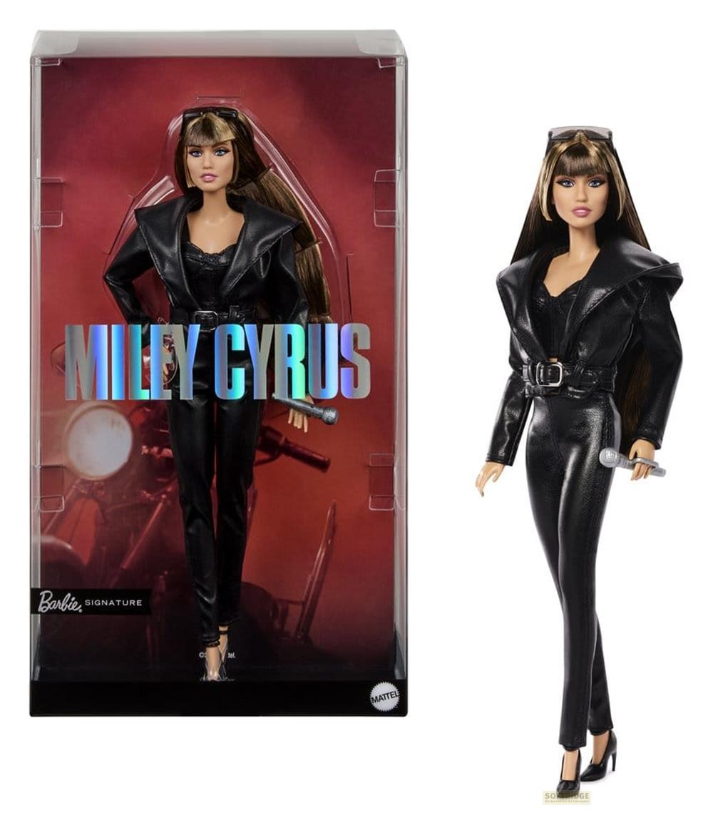Miley Cyrus Barbie-Puppe in schwarzem Lederoutfit mit Mikrofon, links in Originalverpackung.