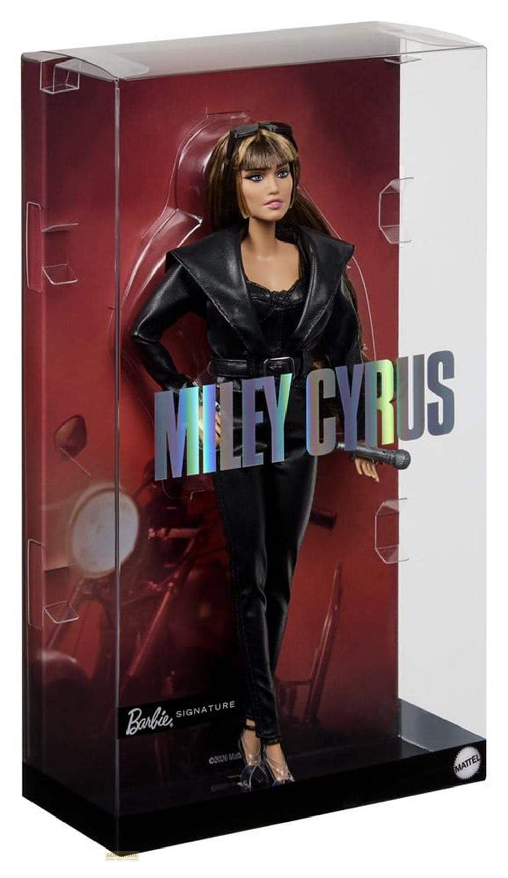Miley Cyrus Barbie-Puppe in schwarzem Lederoutfit in einer durchsichtigen Sammlerbox.
