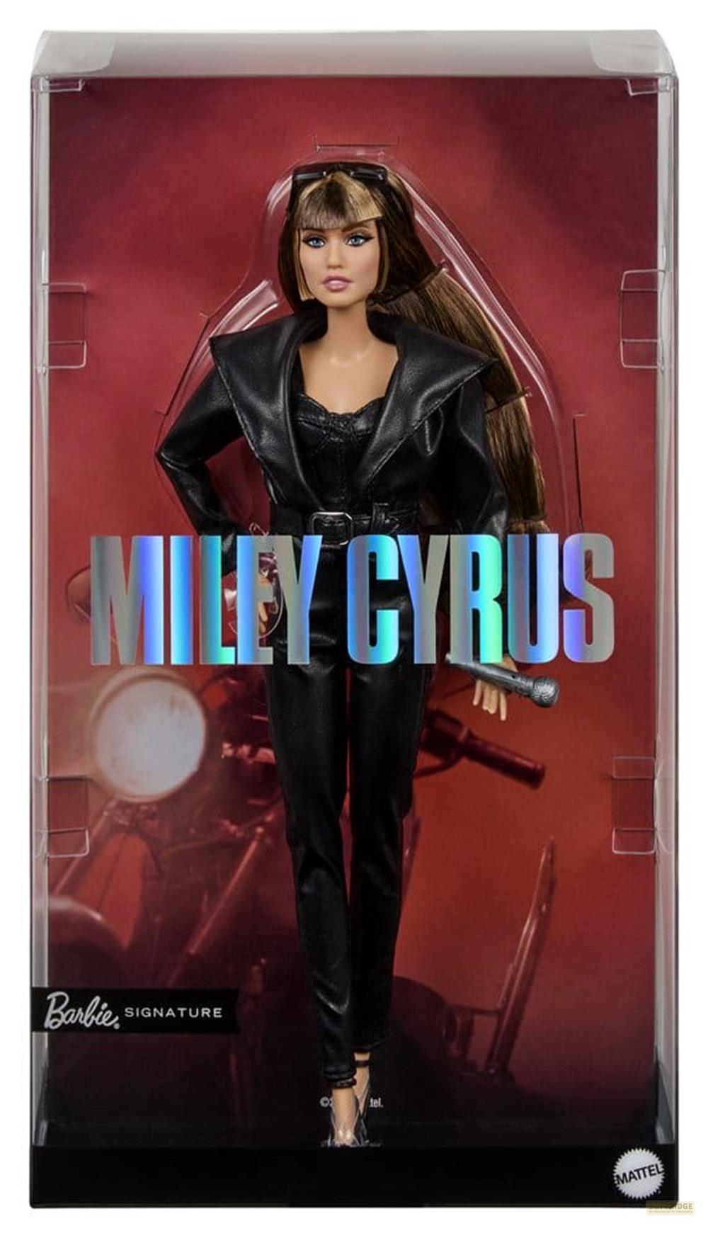 Miley Cyrus Barbie-Puppe in schwarzer Lederkleidung mit einem Mikrofon in der Verpackung.