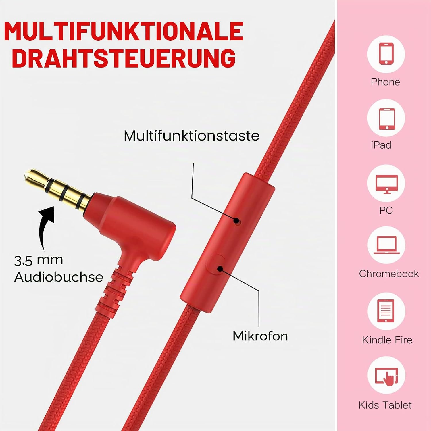 Rotes Audiokabel mit 3,5-mm-Klinkenstecker, Multifunktionstaste und Mikrofon, kompatibel mit diversen Geräten.