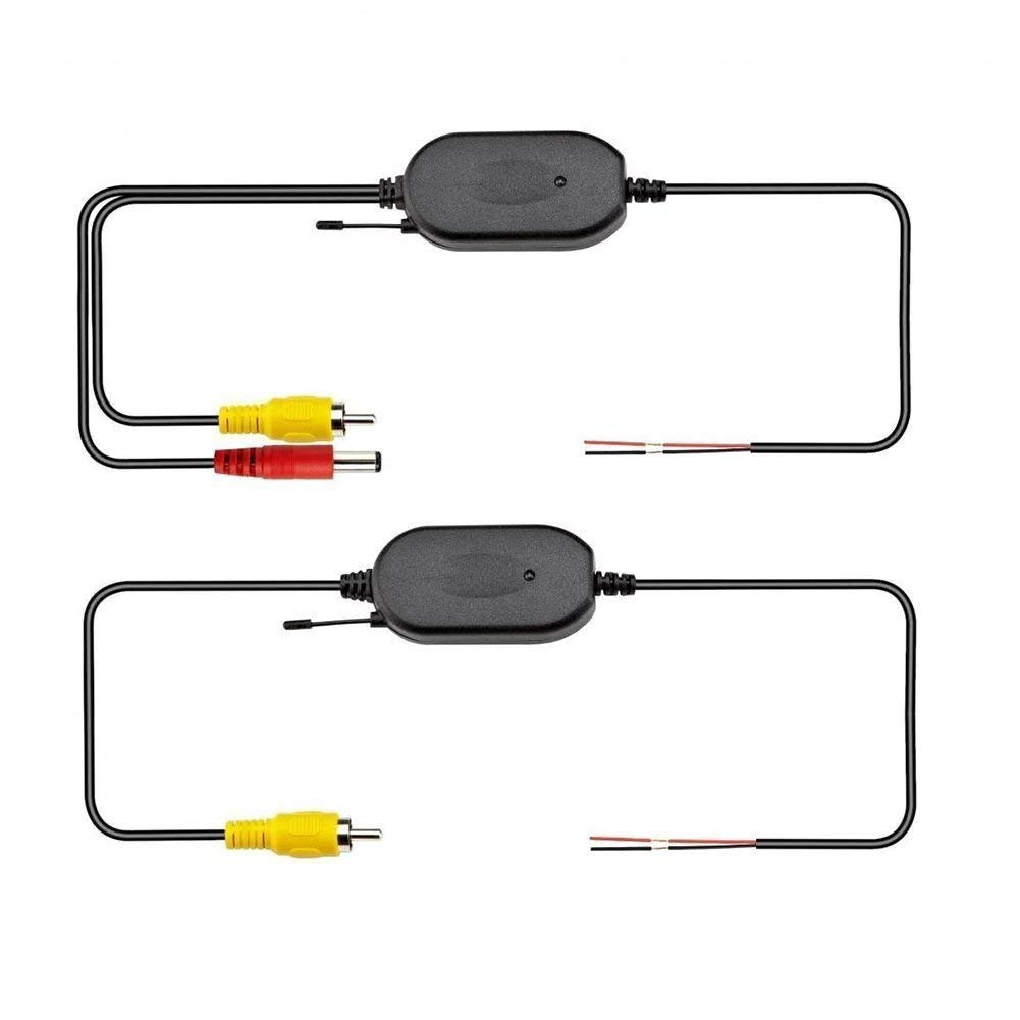 Zwei schwarze Elektrokabel mit zentralen Modulen, RCA-Steckern und blanken Drahtenden auf weißem Hintergrund.