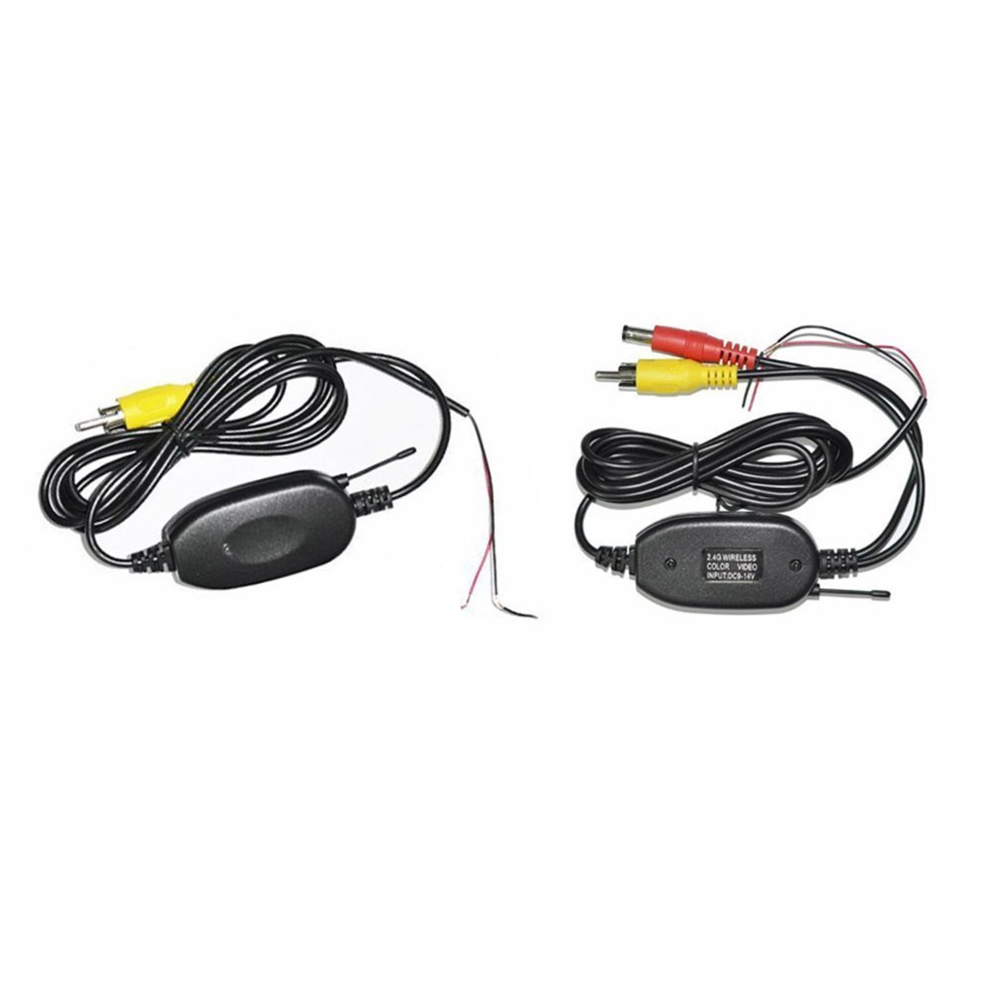 Zwei schwarze Wireless-Video-Sender-Empfänger-Module mit Kabeln und Cinch-Anschlüssen vor weißem Hintergrund.