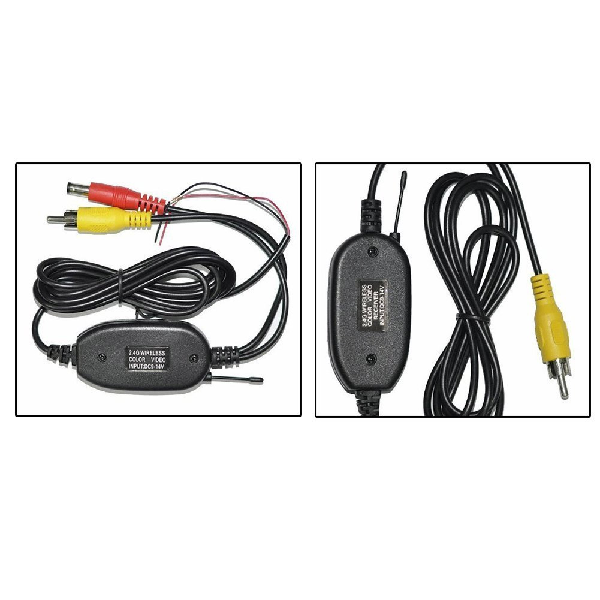 Zwei Abbildungen eines schwarzen 2.4G Wireless Color Video Empfängers mit Kabeln, RCA-Anschlüssen und Antenne.