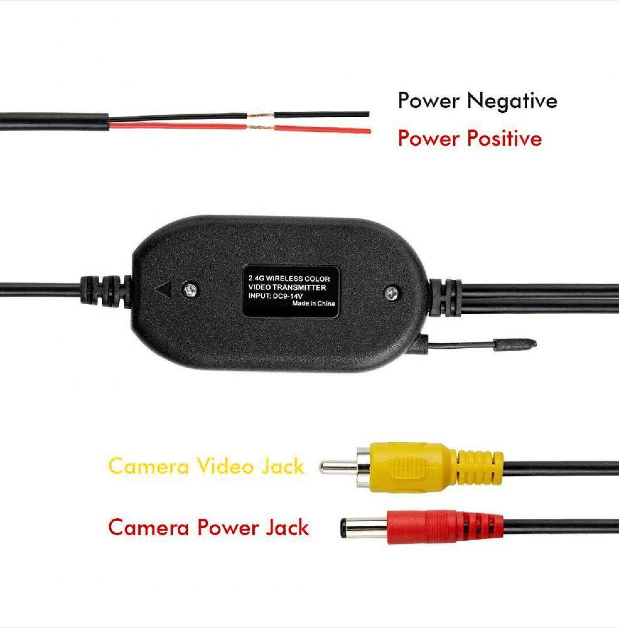 Diagramm eines 2.4G kabellosen Videotransmitters mit beschrifteten Kabeln und Anschlüssen.