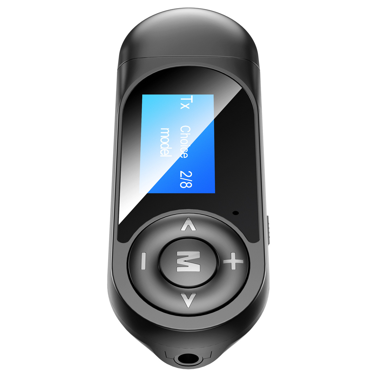 Ein schwarzer kabelloser Audiosender mit blauem LCD-Bildschirm, Navigationstasten und M-Taste vor weißem Hintergrund.