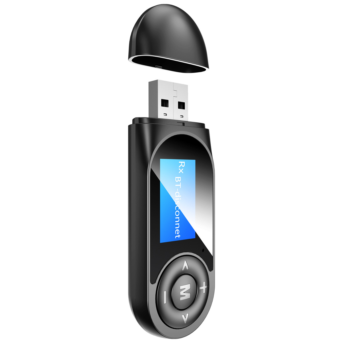 Schwarzer USB-Empfänger mit Display, Tasten und abnehmbarer Kappe.