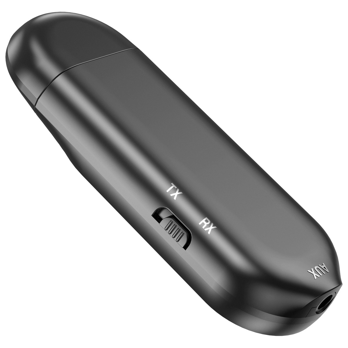 Ein schwarzer WLAN-Audioadapter mit TX- und RX-Beschriftung und AUX-Anschluss vor weißem Hintergrund.