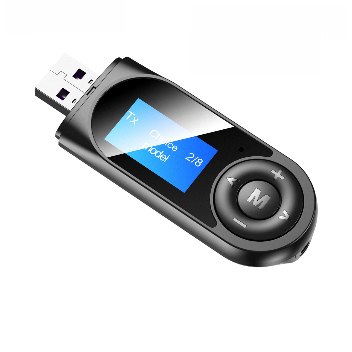 Ein schwarzer USB-Stick mit blauem Display und kreisrunden Bedientasten auf weißem Hintergrund.