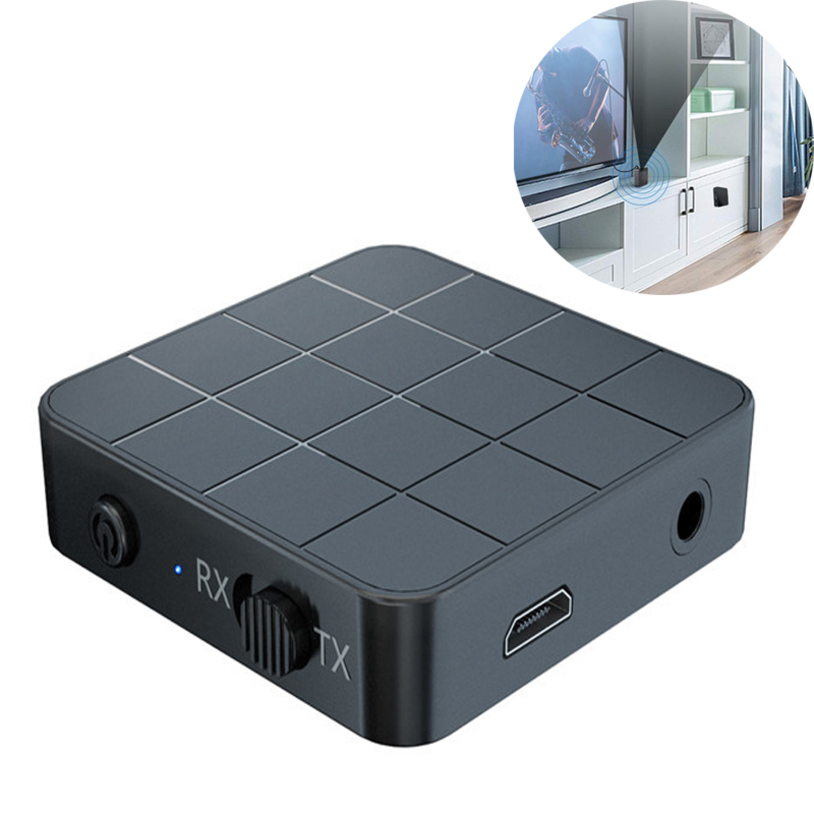 Ein kompakter, schwarzer Bluetooth-Audio-Sender und -Empfänger auf weißem Hintergrund mit einem Raum im Hintergrund.
