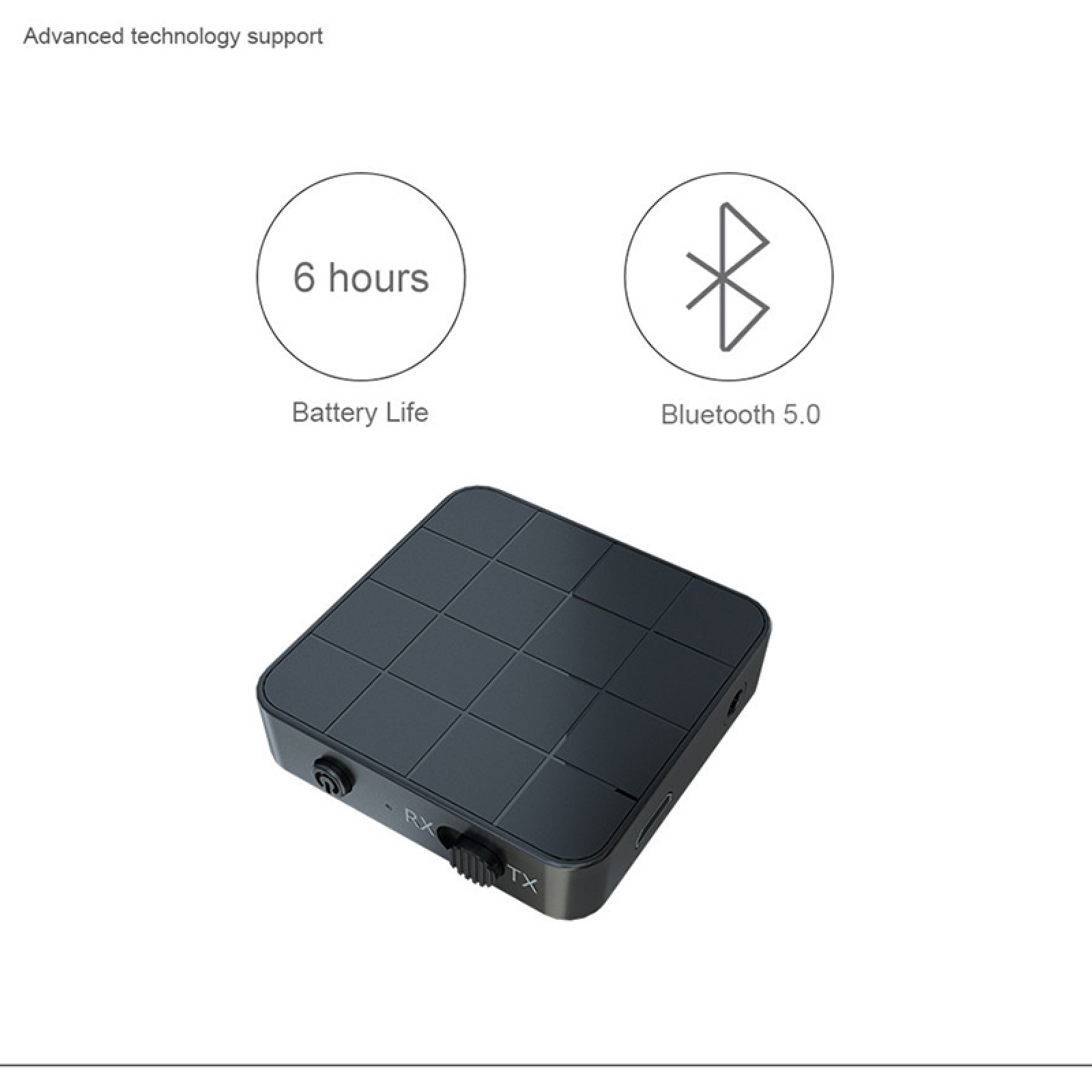 Ein schwarzer, quadratischer Bluetooth 5.0 Adapter mit 6 Stunden Akkulaufzeit.