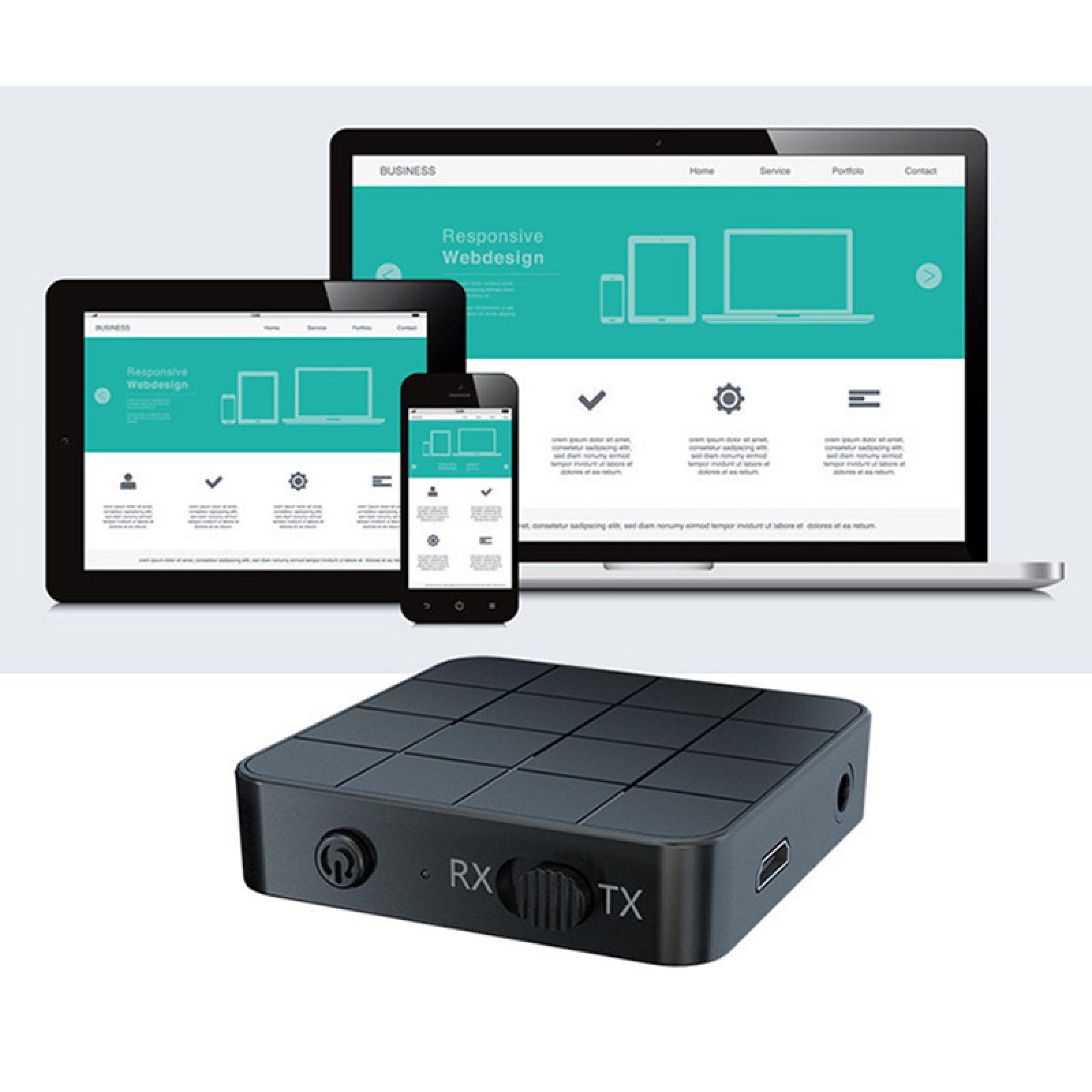 Ein Laptop, ein Tablet und ein Smartphone zeigen ein responsives Webdesign, darunter liegt ein kleiner schwarzer Kasten.