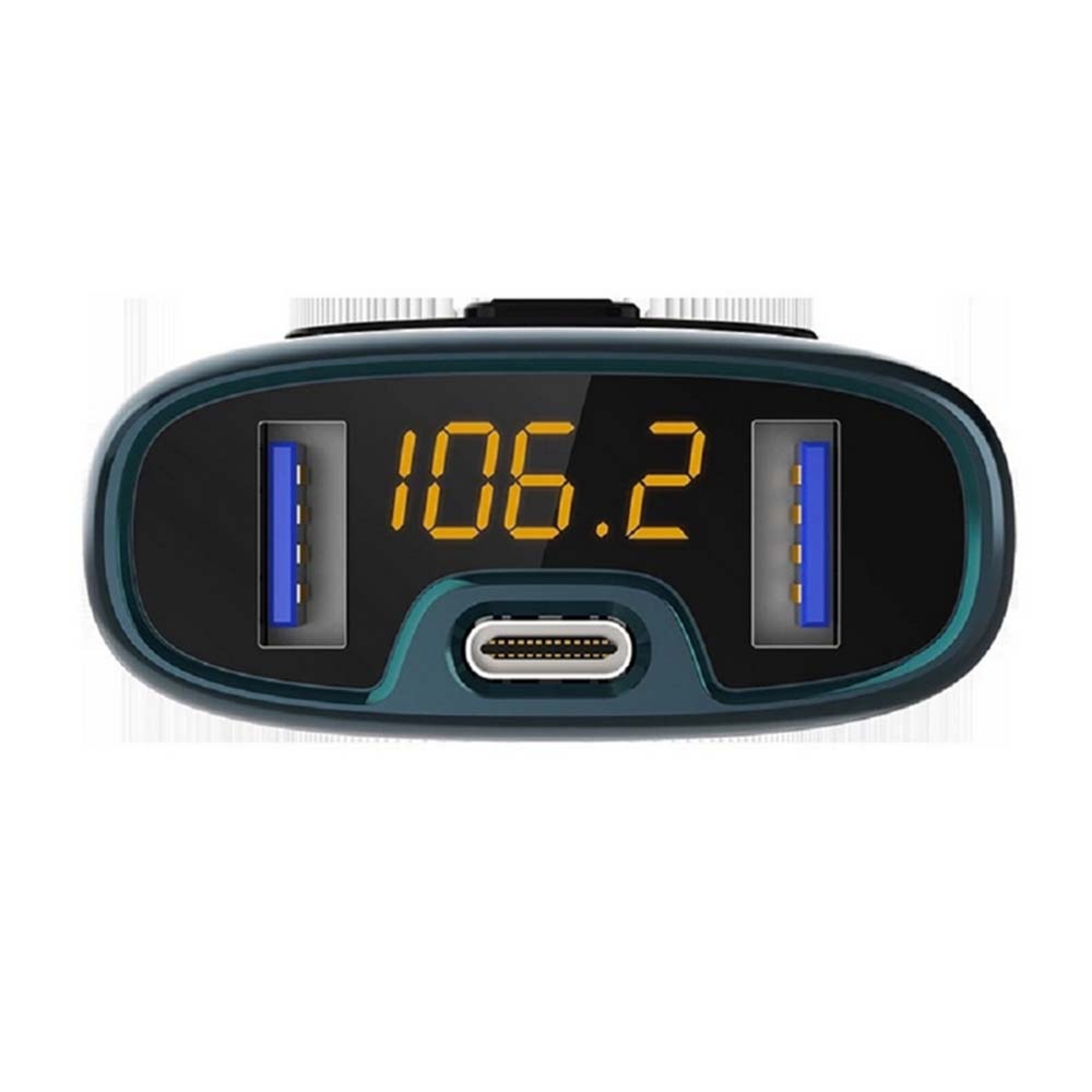 Ein KFZ-Ladegerät mit zwei USB-Anschlüssen, einem Typ-C-Anschluss und einer LED-Anzeige mit 106.2.