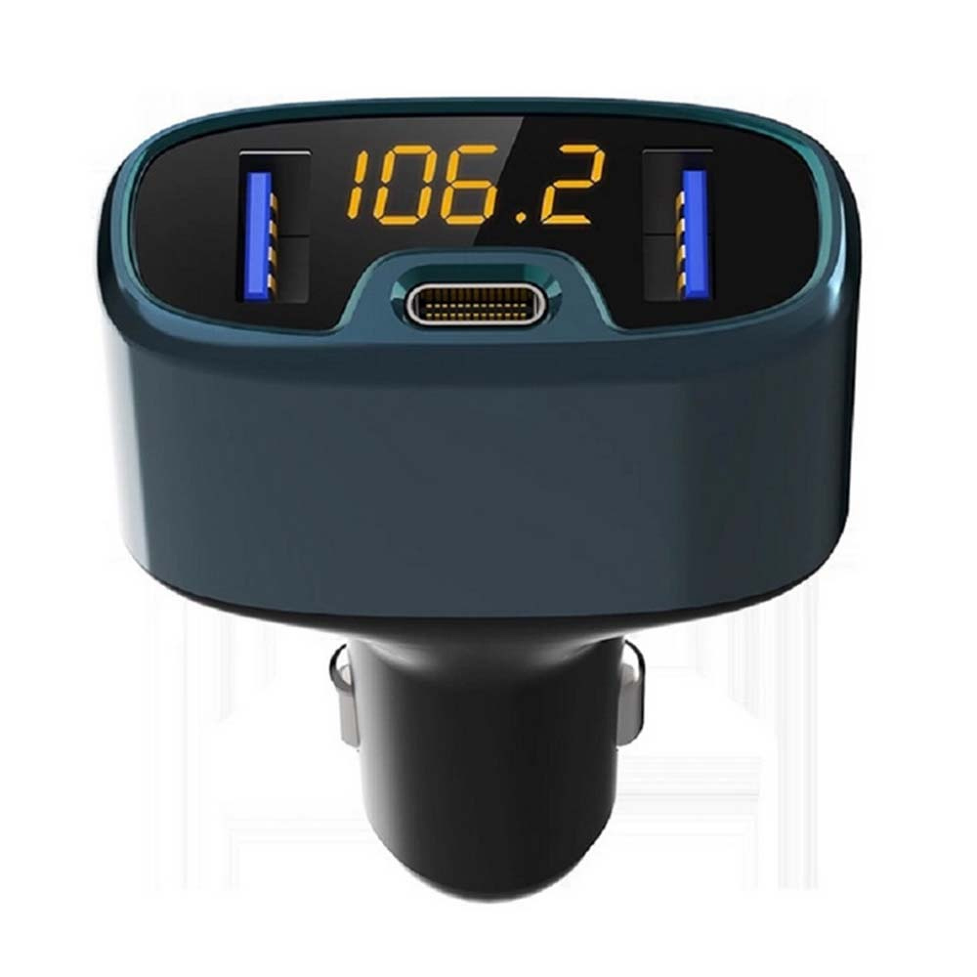 Dunkelgrünes USB-Kfz-Ladegerät mit digitaler LED-Anzeige und mehreren Anschlüssen.