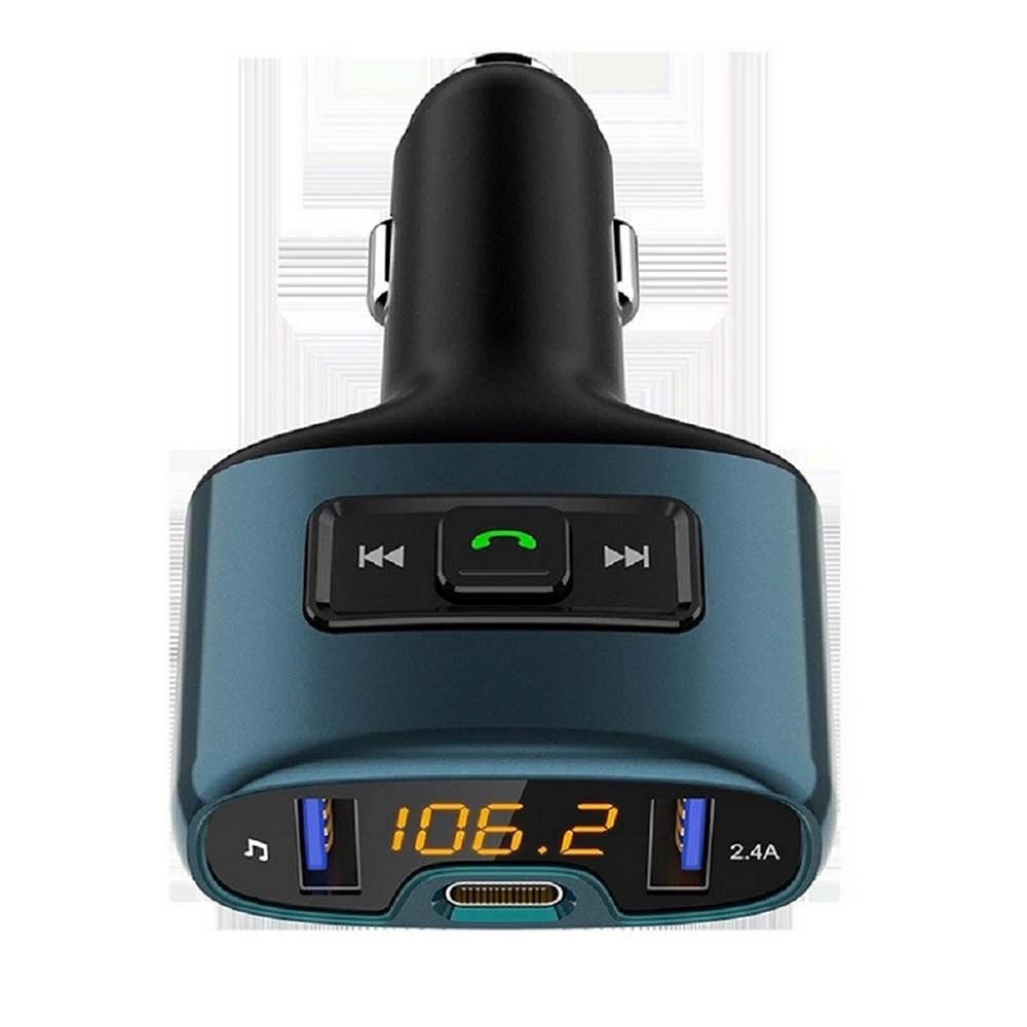 Blauer Auto-Bluetooth-FM-Transmitter mit digitalem Display und USB-Anschlüssen auf weißem Hintergrund.
