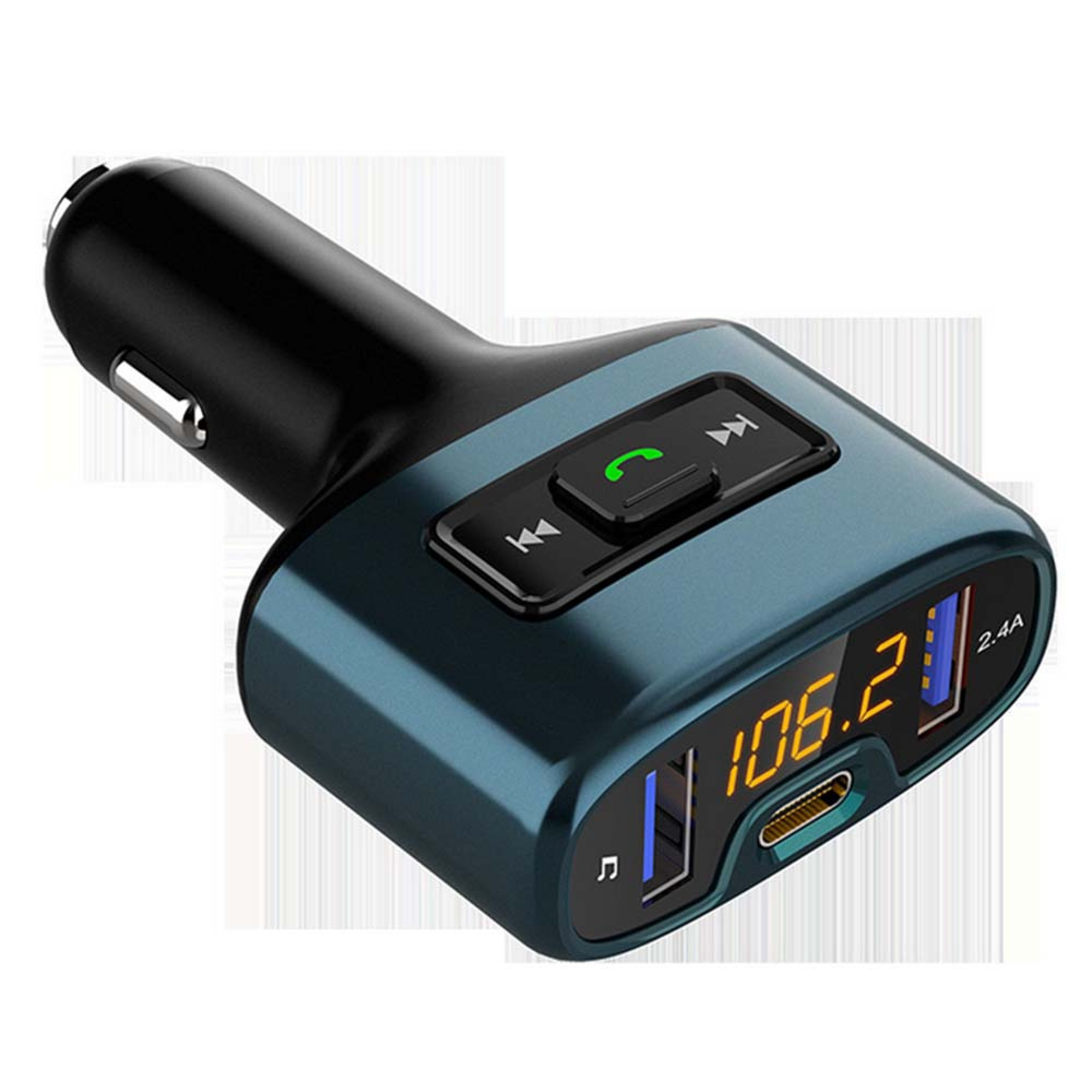 Ein blauer Auto-Bluetooth-FM-Transmitter mit USB-Anschlüssen und einem Display, das Frequenz anzeigt.